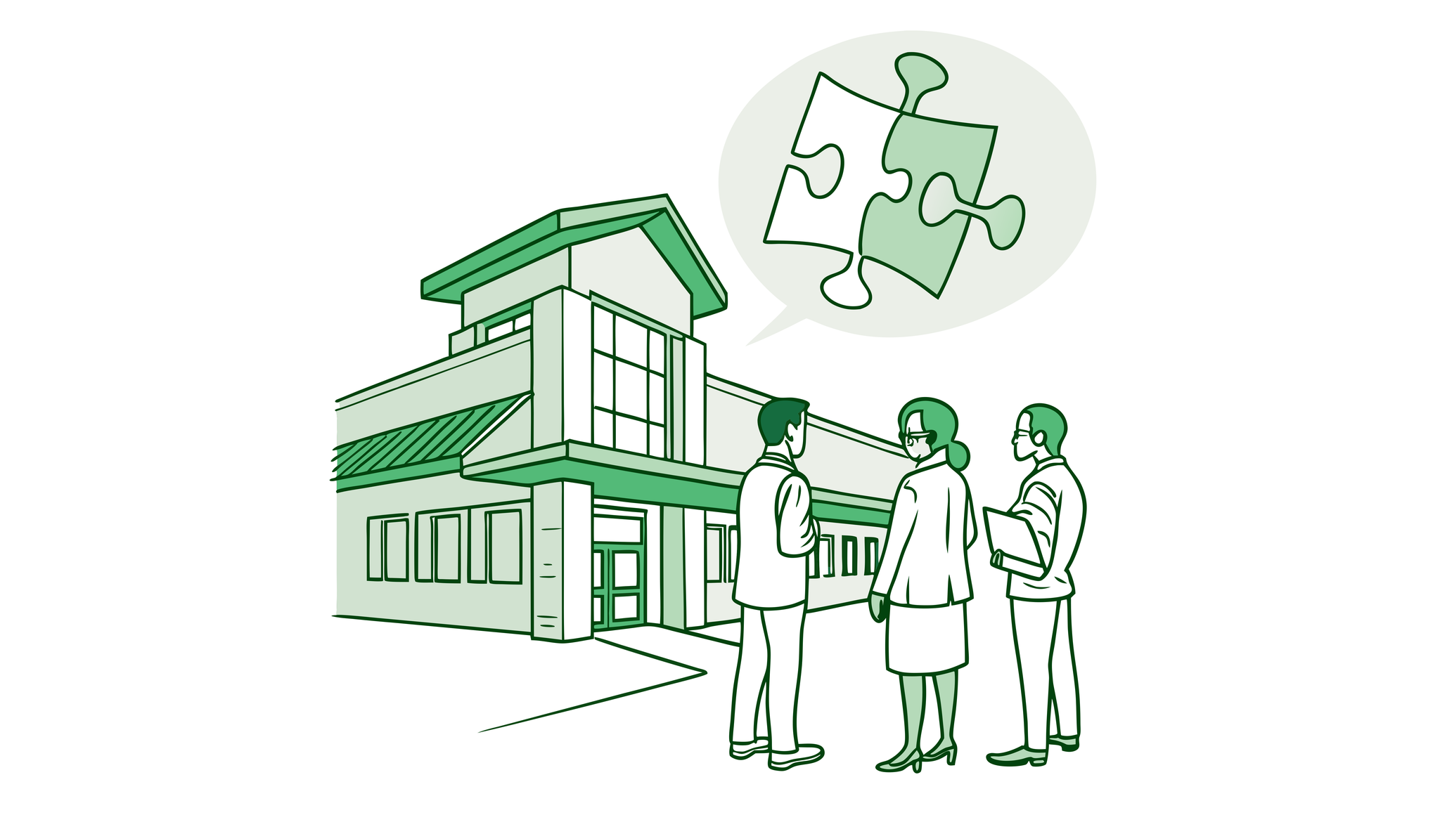 Stylized urgent care clinic illustration with green puzzle piece representing healthcare mergers and acquisitions, showing business professionals discussing M&A strategies - SovDoc healthcare M&A advisory services for urgent care practice financial planning