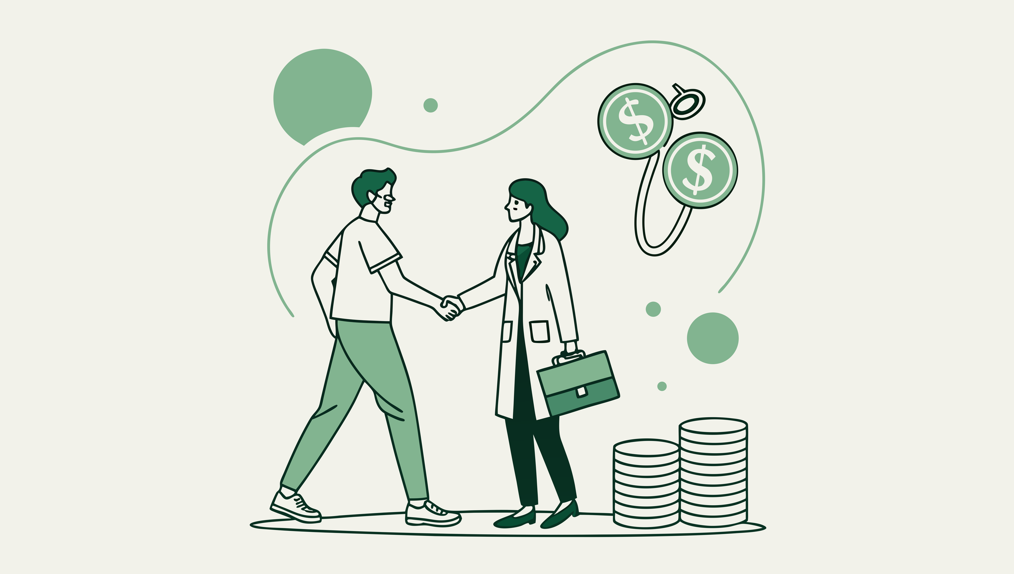 Illustration of a financial planner and healthcare professional shaking hands with abstract urology and financial elements in the background, representing SovDoc's expertise in financial planning and M&A advisory for urology practice mergers and acquisitions.