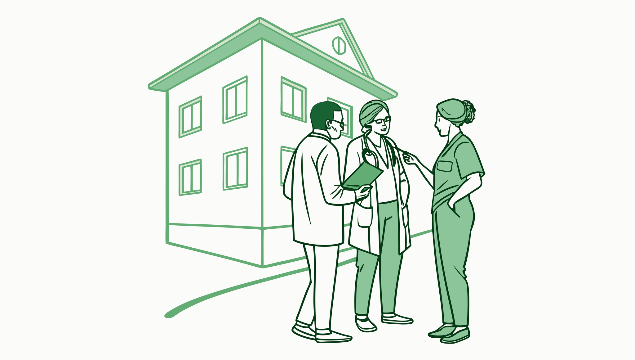 Stylized vector illustration of healthcare professionals discussing assisted living facility acquisitions, with abstract merger symbolism and a facility outline - SovDoc healthcare M&A advisors specializing in ALF mergers and practice acquisitions.