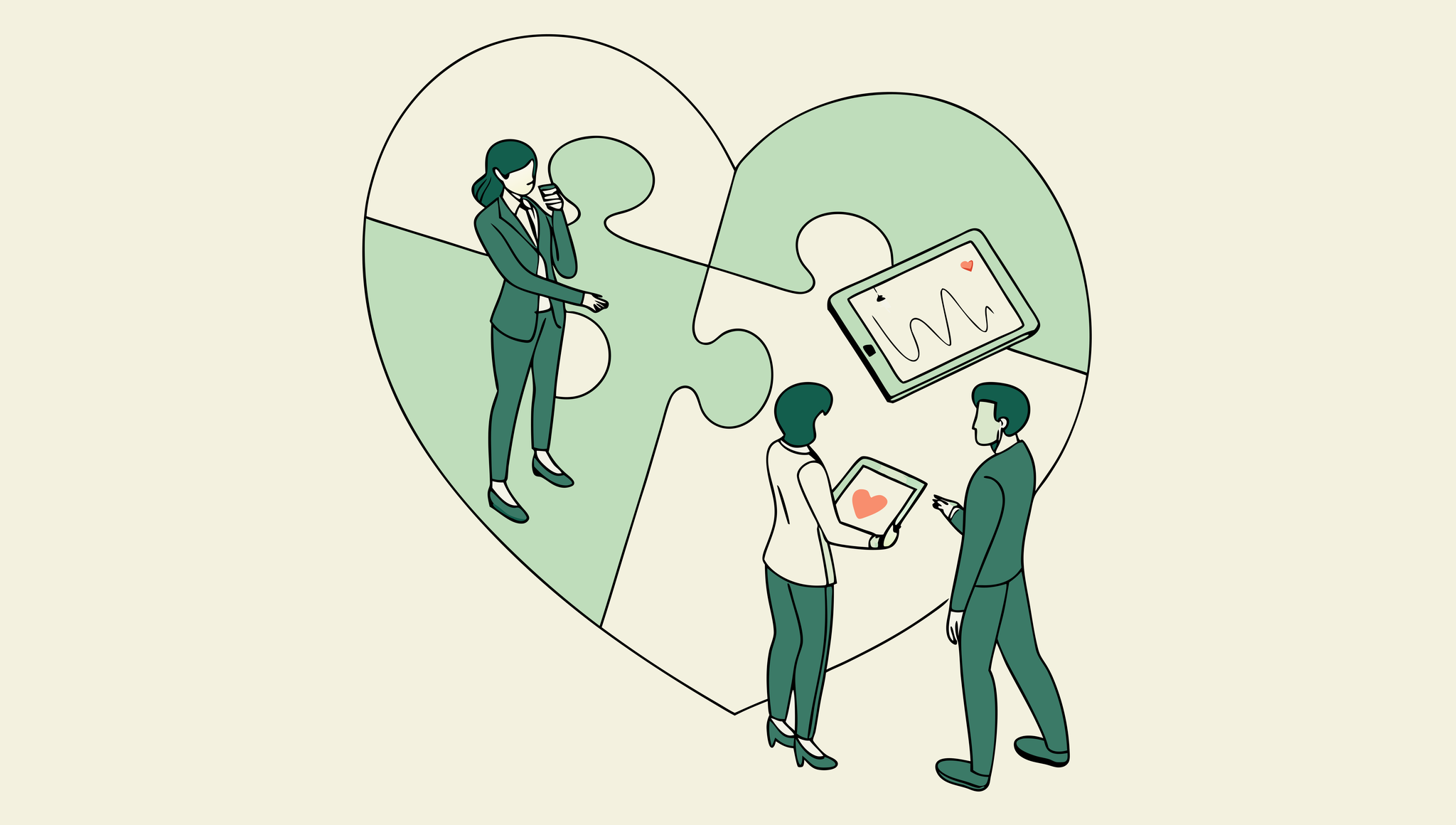 Healthcare consultants discussing cardiology practice mergers and acquisitions around a symbolic heart, representing SovDoc's specialized advisory services for medical practice M&A in the cardiovascular sector.