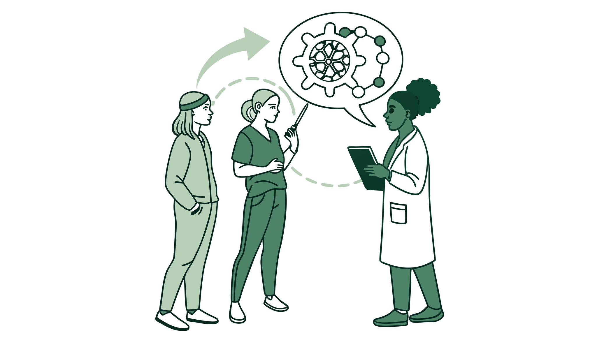 Stylized illustration of healthcare consultants collaborating on ABA therapy clinic mergers and acquisitions, featuring figures around a brain-shaped roundtable examining growth trends and clinic models - representing SovDoc's healthcare M&A advisory services in the behavioral health sector.