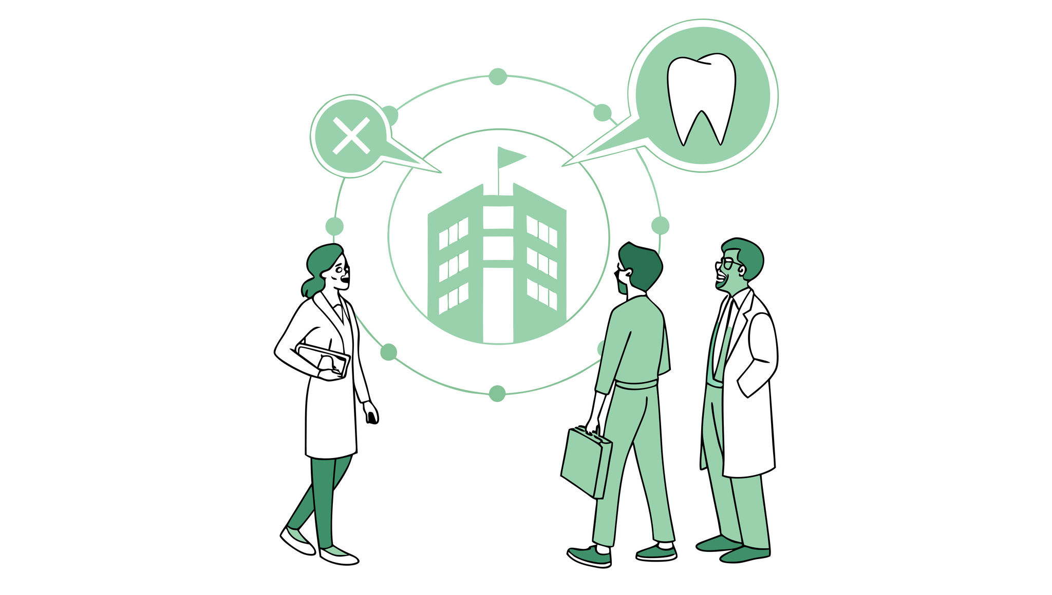SovDoc healthcare consultants roundtable discussing dental practice mergers and acquisitions, showing diverse professionals collaborating around dental growth symbols, representing expert guidance in healthcare M&A