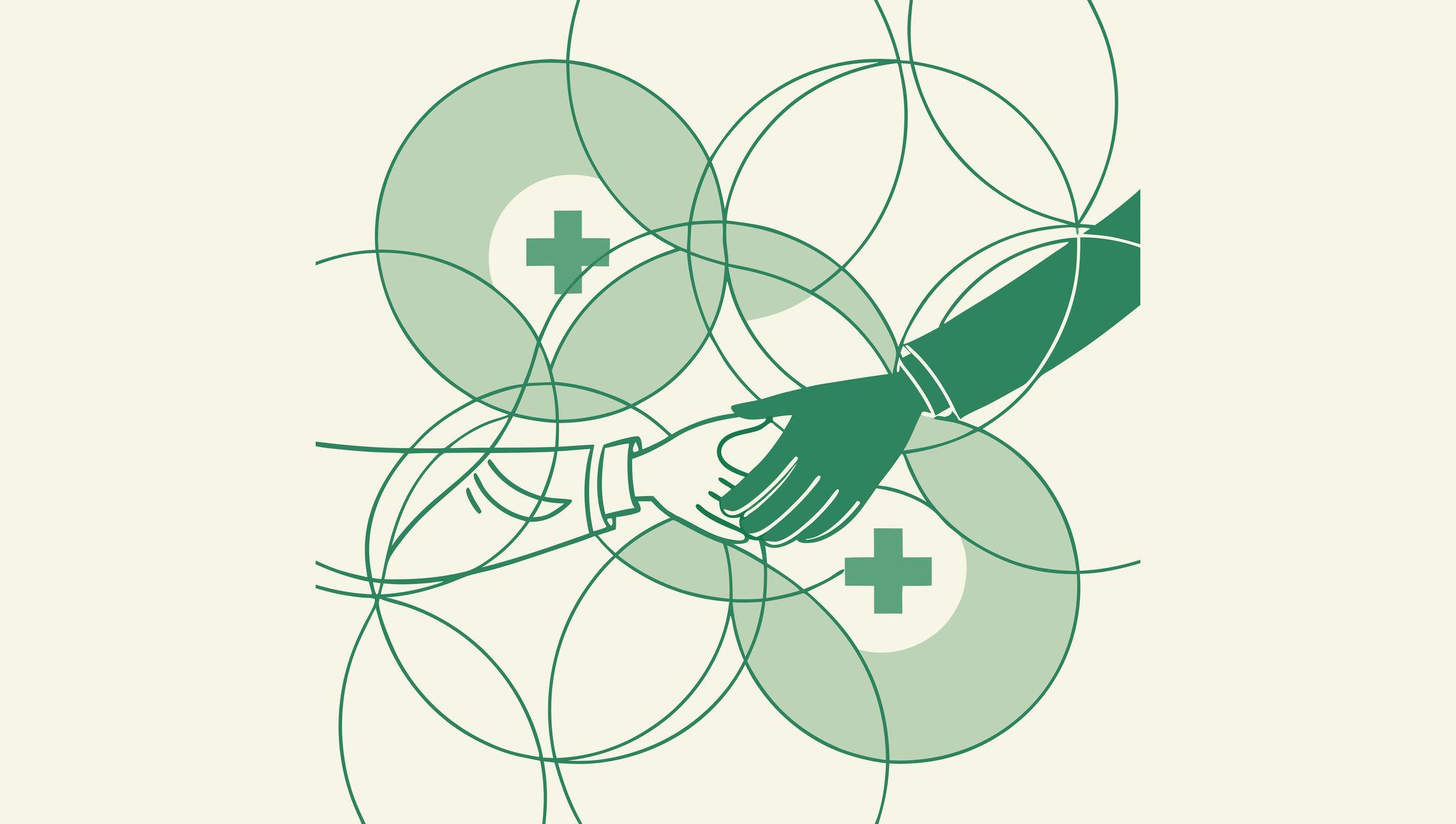 Abstract illustration representing dermatology practice M&A advisory services by SovDoc - stylized medical and business elements converging with consultant figures overseeing healthcare mergers and acquisitions in the dermatology sector.