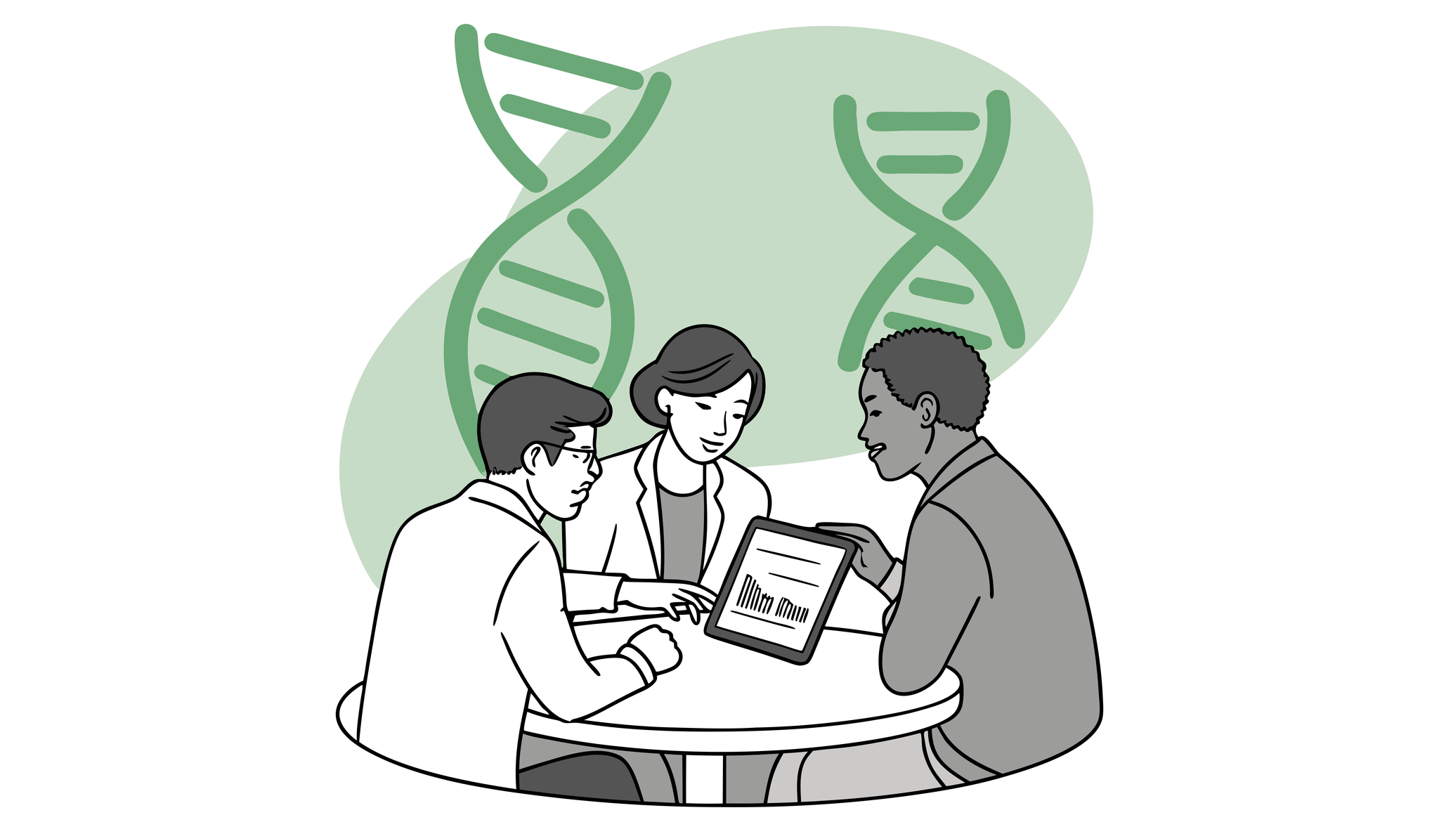 Three healthcare consultants review financial data on tablets around a circular table with abstract ENT and DNA imagery in background, representing SovDOC's specialized advisory services for ENT medical practice mergers and acquisitions.