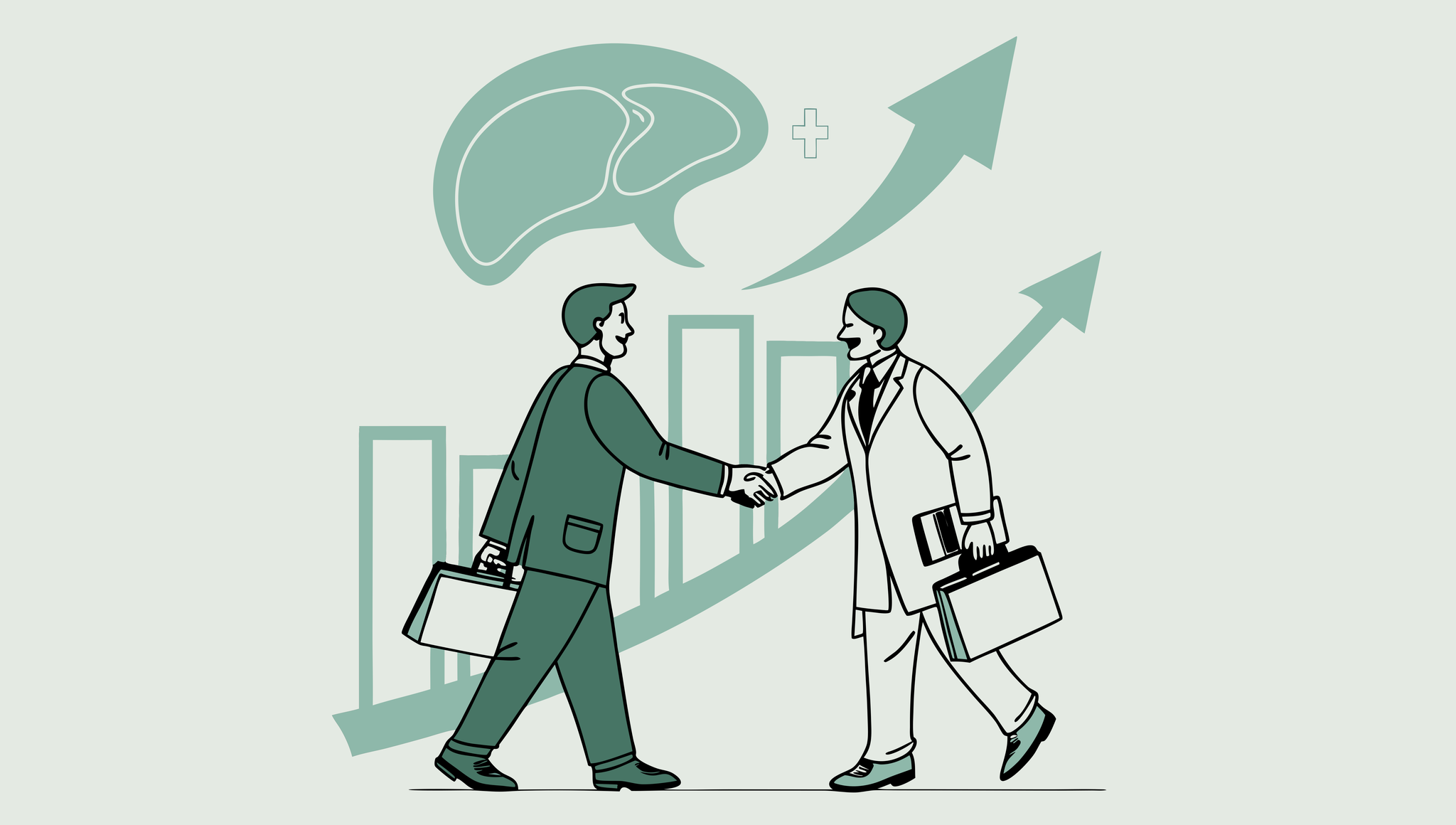 Healthcare consultants shaking hands over stylized liver and intestines graphic, representing GI & Hepatology practice mergers and acquisitions services by SovDoc, a specialized healthcare M&A firm.