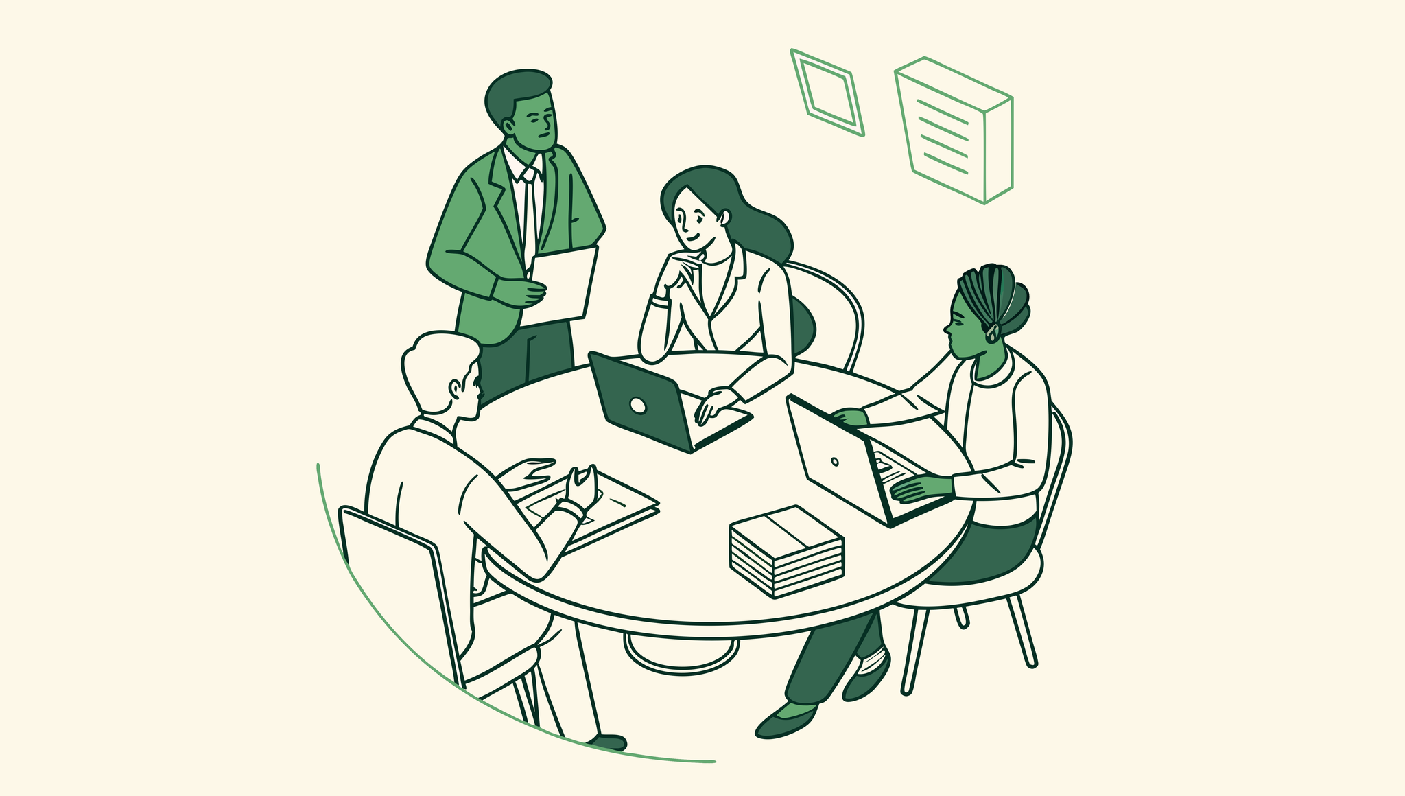 SovDoc healthcare consultants discussing hospice care mergers and acquisitions around a conference table, representing collaborative strategic planning in healthcare M&A.