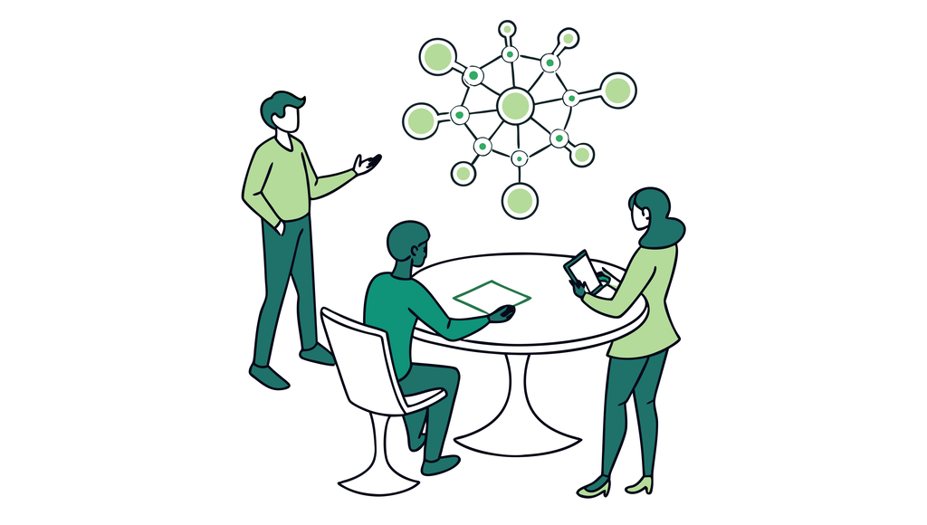 Stylized business consultants discuss med spa mergers and acquisitions strategy around a table with network visualization - SovDoc healthcare M&A advisory services for medical practice transactions