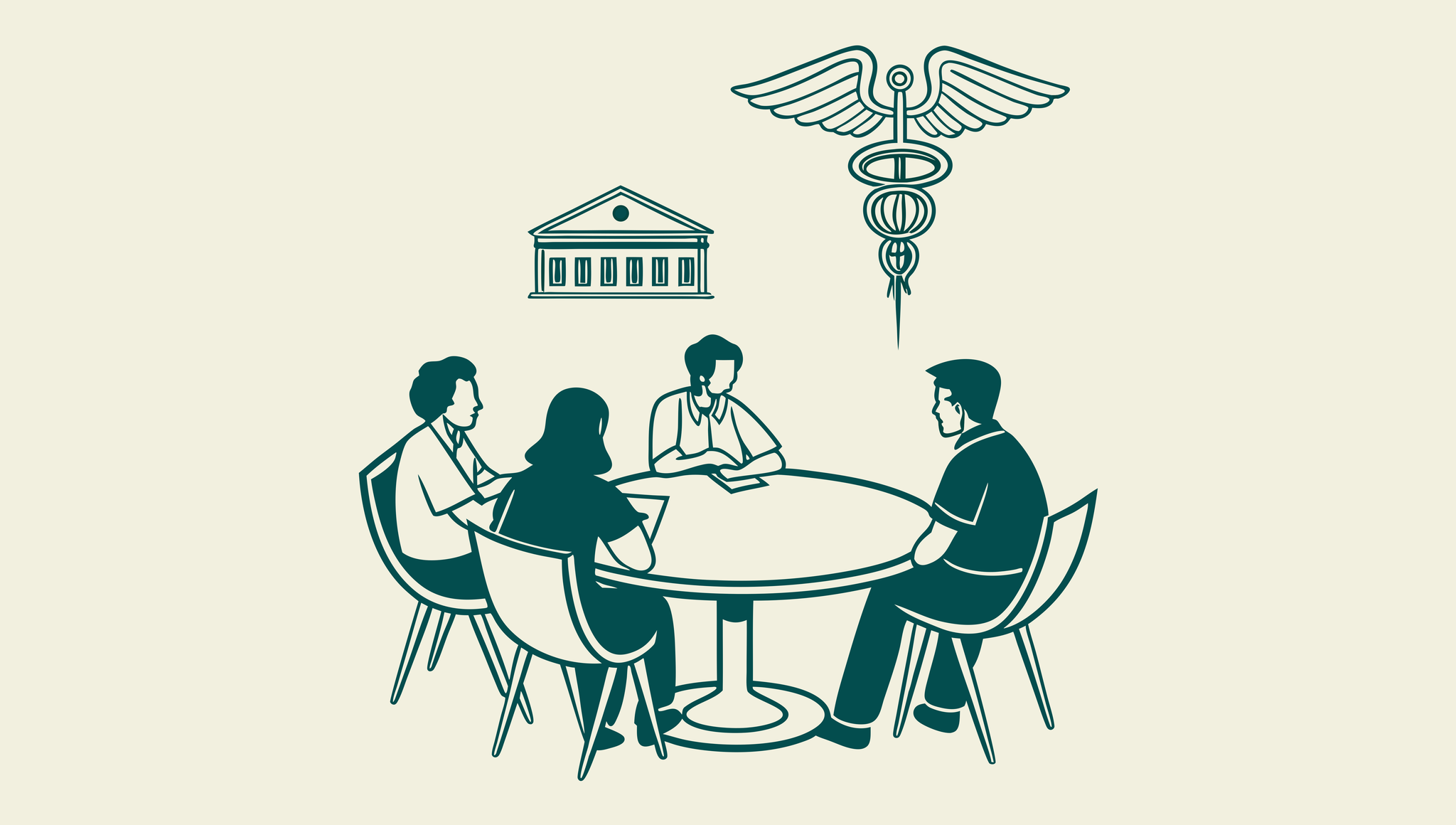 Stylized illustration of healthcare consultants at a roundtable discussing memory care center mergers and acquisitions, featuring collaborative negotiations and strategic planning. SovDoc healthcare M&A consultancy supporting medical practice transitions in specialized care facilities.
