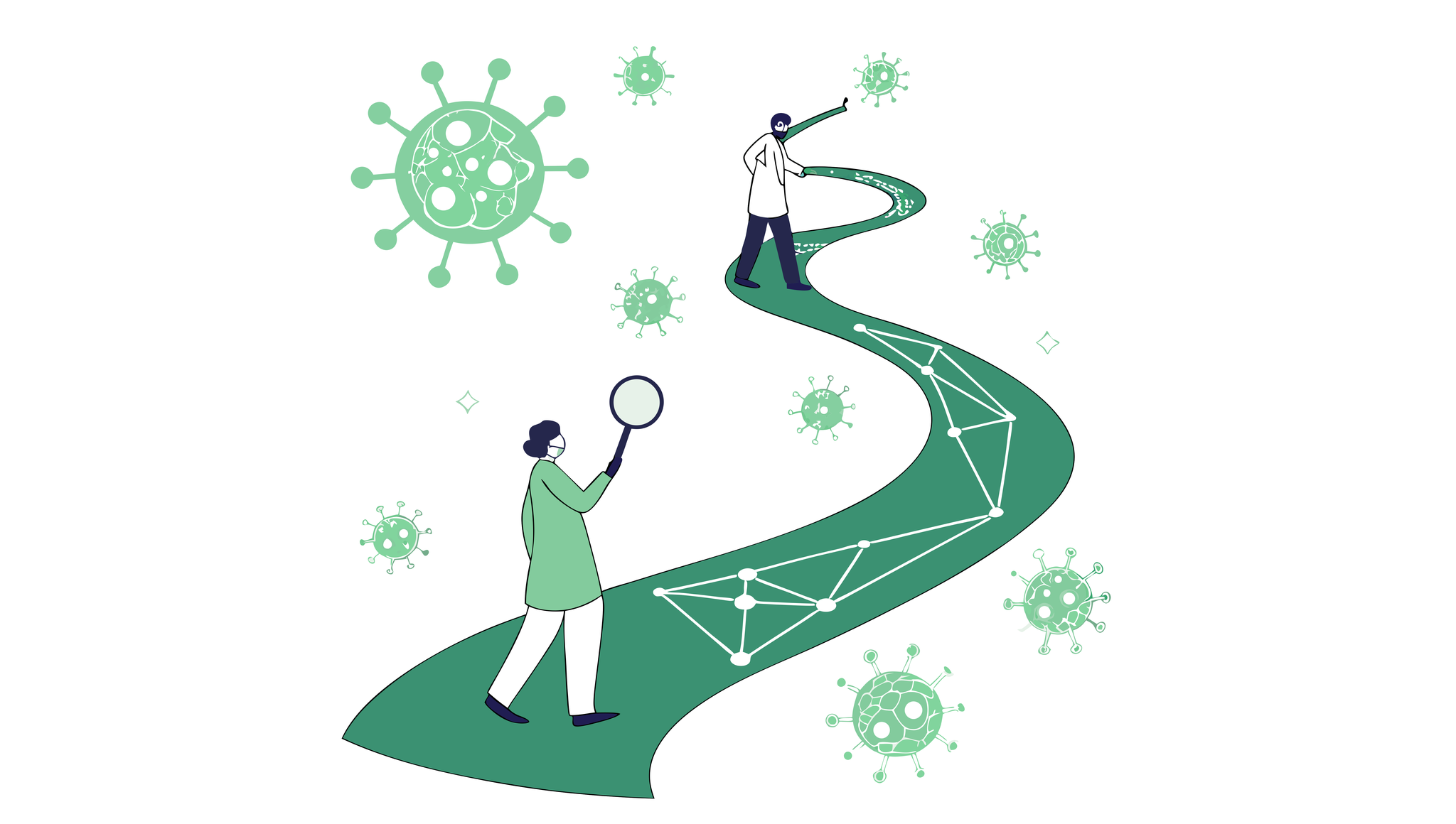 Illustration of a kidney-shaped path leading to an interconnected network, representing nephrology practice mergers and acquisitions guidance by SovDoc healthcare M&A advisors.