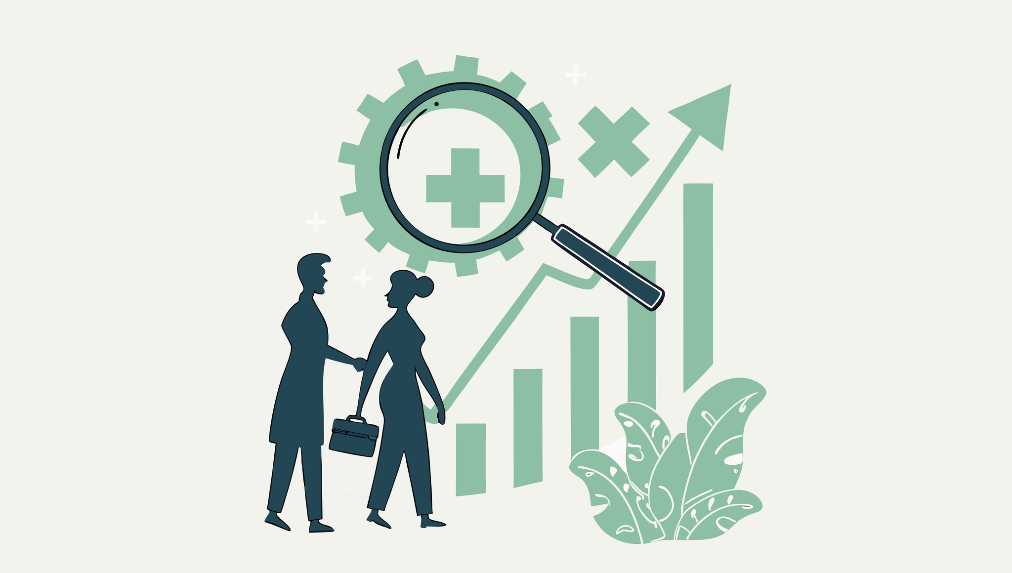 SovDoc healthcare M&A illustration showing a professional handshake between seller and buyer silhouettes with medical symbol, representing occupational and hand therapy practice mergers and acquisitions consulting services.