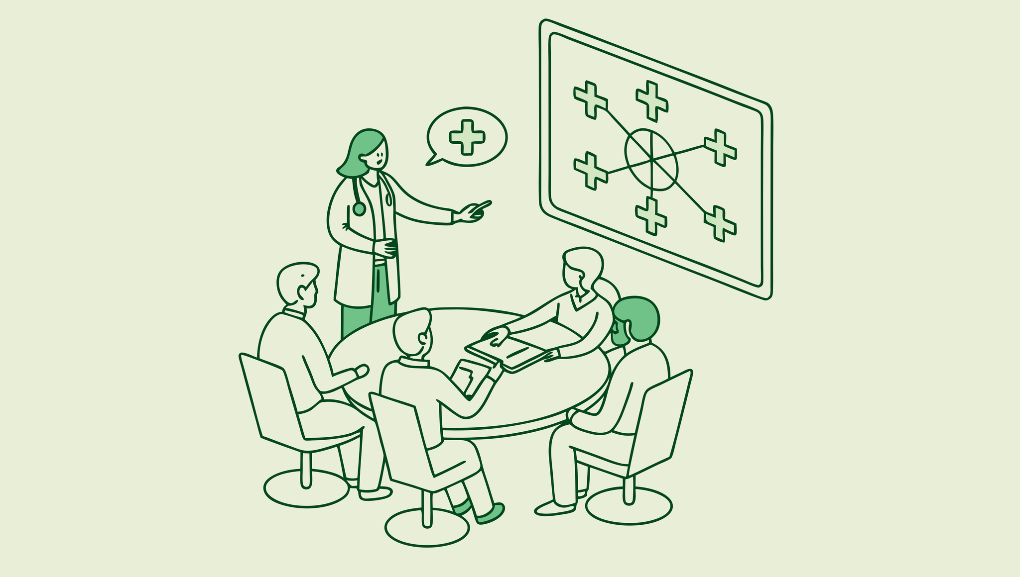 Stylized illustration of healthcare consultants discussing orthopedic and MSK practice mergers and acquisitions around a conference table with medical and financial projections - SovDoc healthcare M&A advisors roundtable