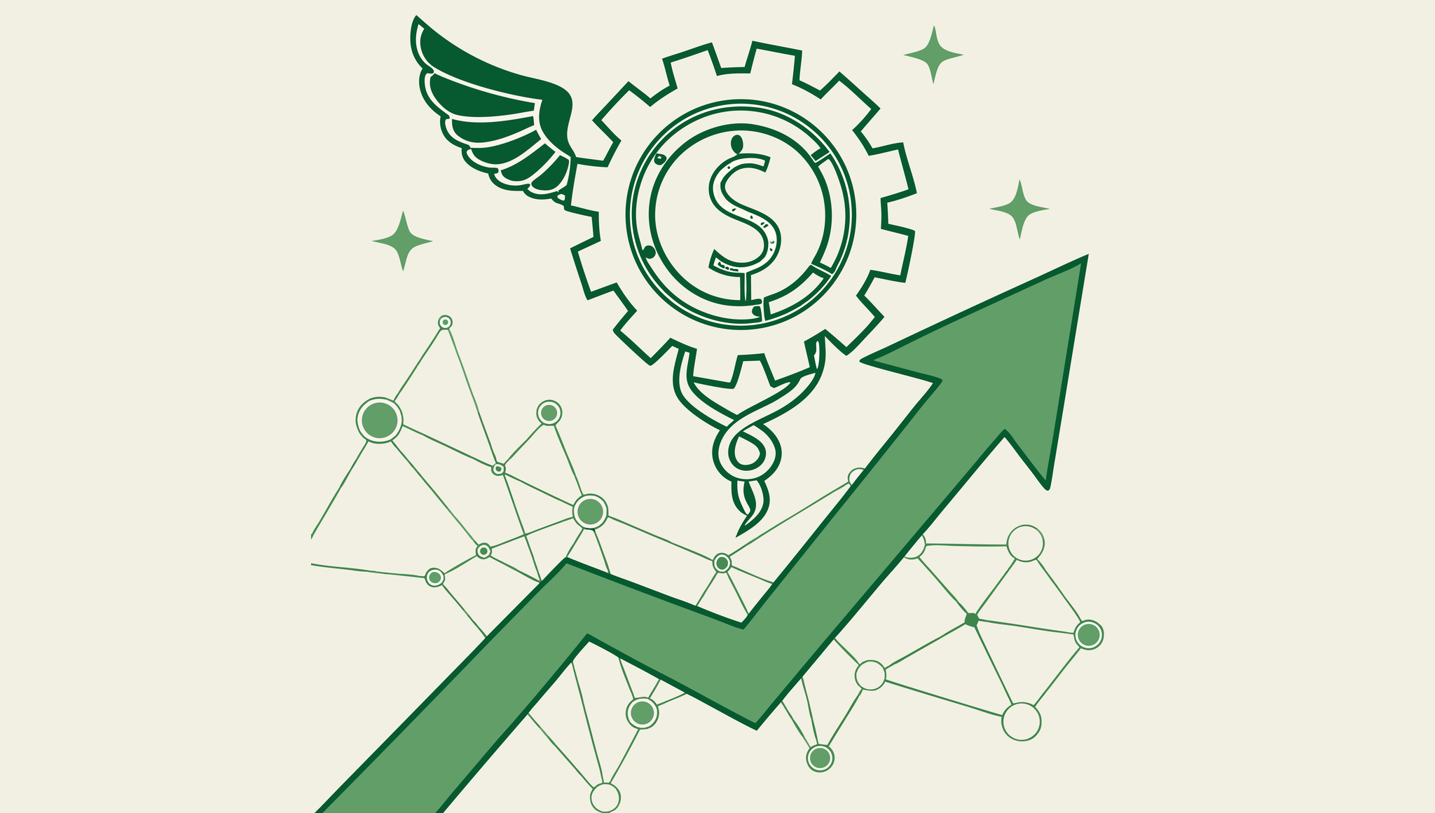 Abstract illustration representing healthcare mergers and acquisitions in orthopedic and post-surgical rehabilitation practices. Features an upward arrow and gear symbol with medical caduceus integrated in a network design. SovDoc healthcare M&A advisory services for medical practice transitions.