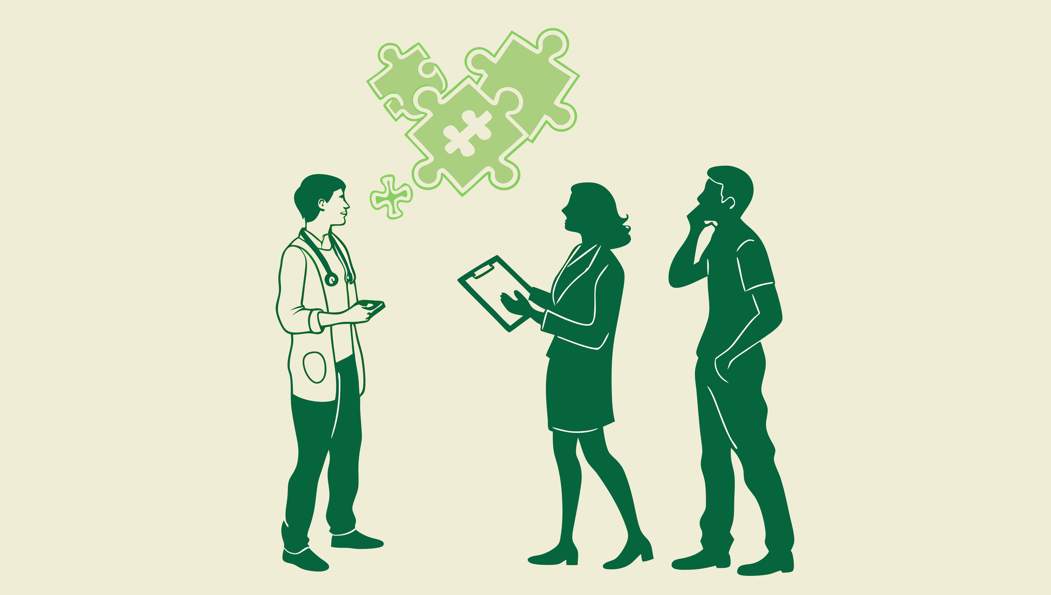 Stylized illustration showing healthcare professionals collaborating around a puzzle piece, representing SovDoc's advisory services for palliative care practice mergers and acquisitions.