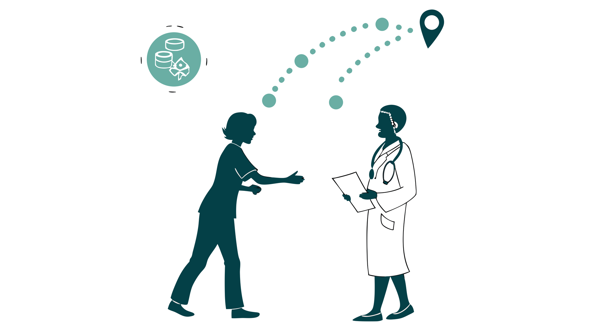 Illustration of professionals shaking hands with abstract medical symbols representing SovDoc's expertise in pediatric physical therapy practice mergers and acquisitions for healthcare consultants.