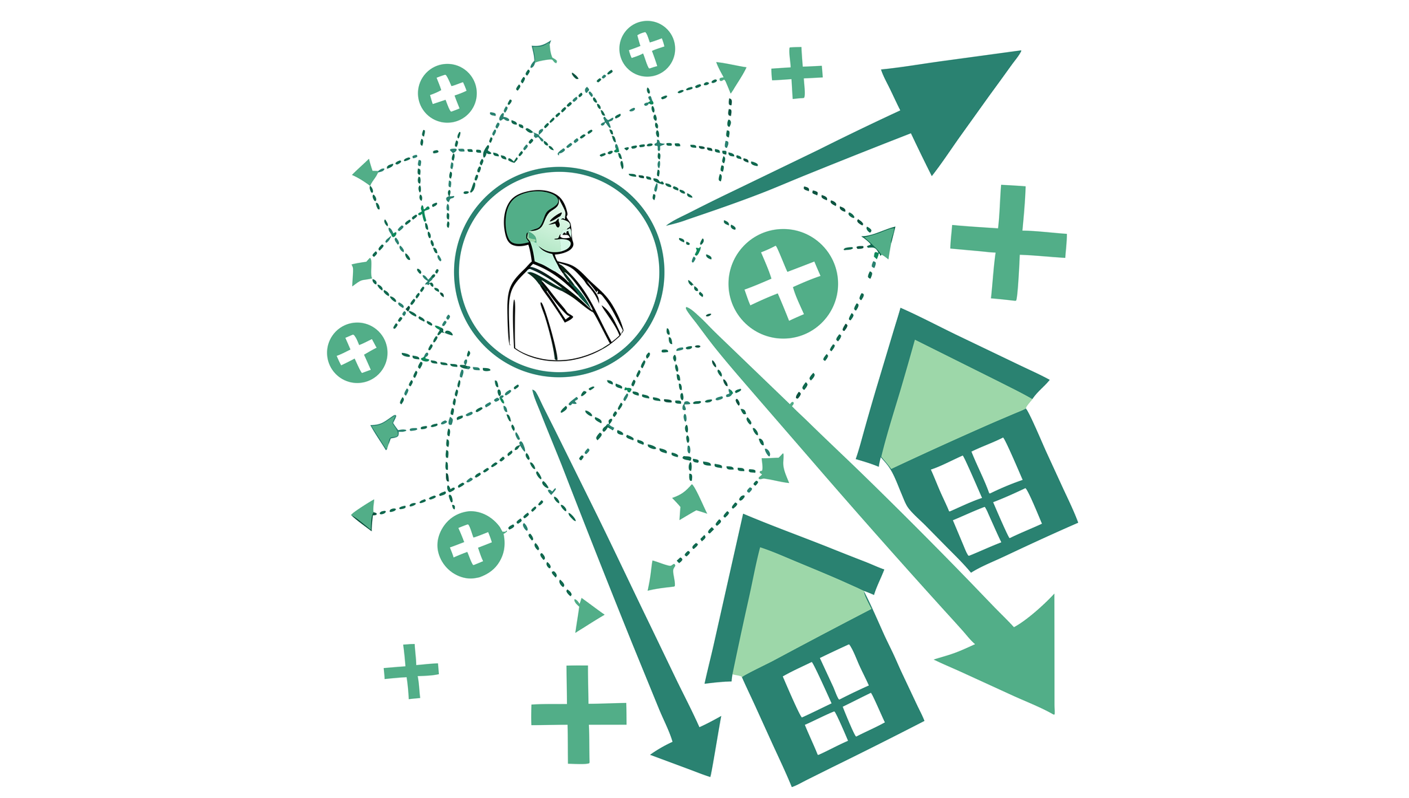 Abstract network illustration showing interconnected healthcare facilities converging toward a central skilled nursing facility (SNF), representing SovDoc's healthcare consulting and M&A advisory services for skilled nursing facility acquisitions and medical practice mergers.