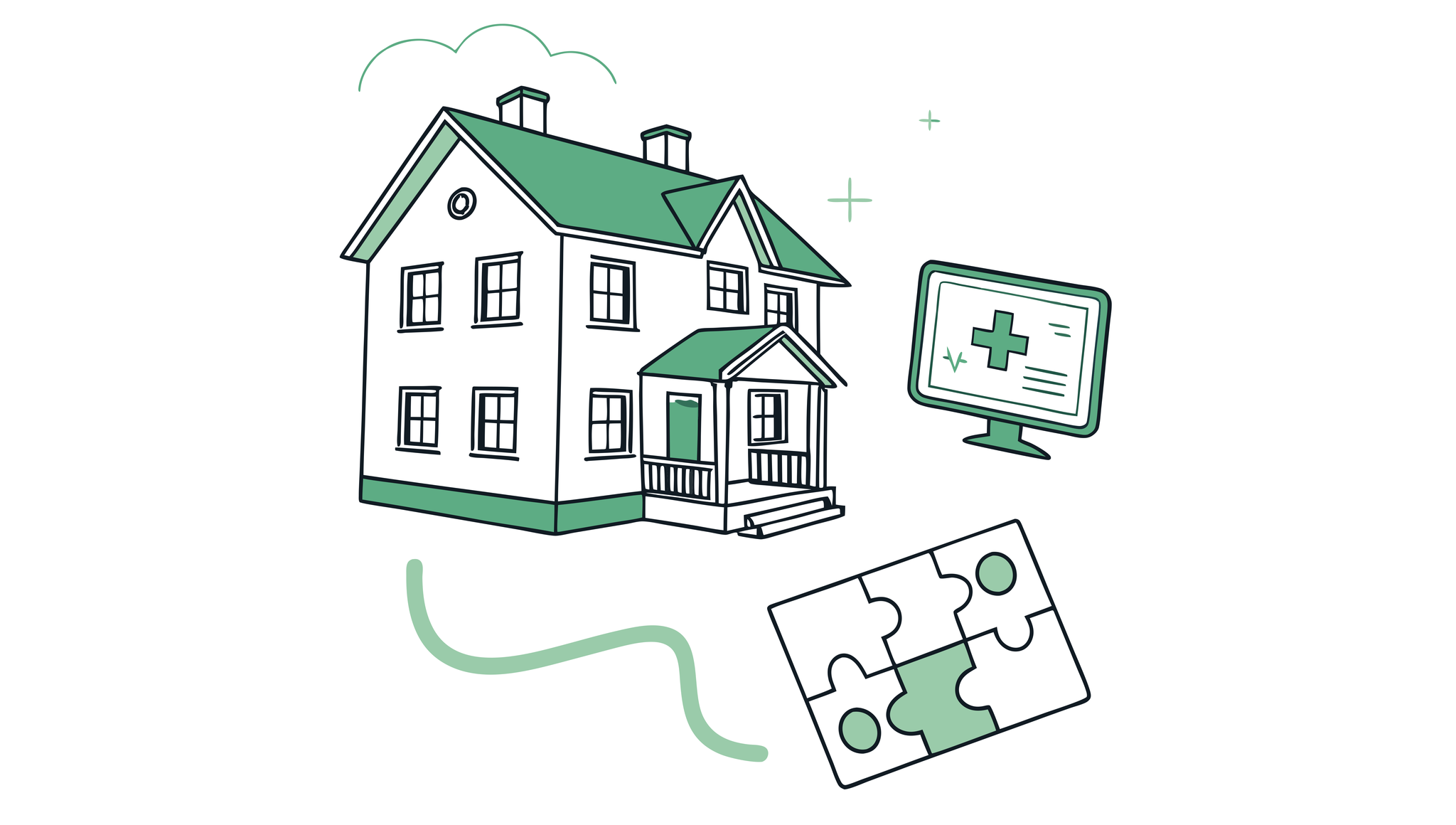 SovDoc healthcare M&A illustration showing puzzle pieces representing IT/EHR systems integration in assisted living facility acquisitions, with a stylized ALF building in the background.