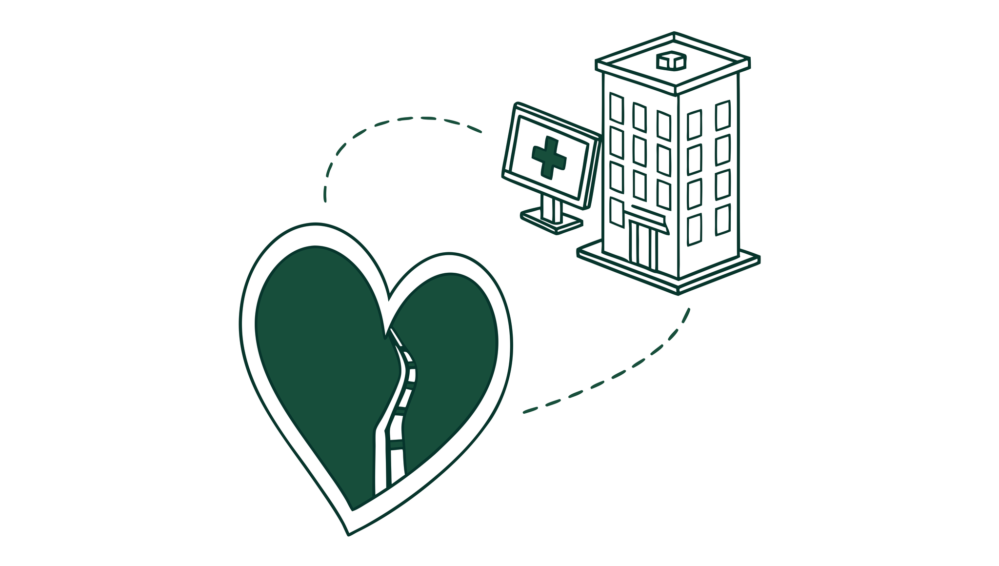 Vector illustration showing a green heart connecting two medical facility outlines with a computer monitor displaying a medical cross - representing SovDoc's IT/EHR specialist advisory services for cardiology practice mergers and acquisitions.