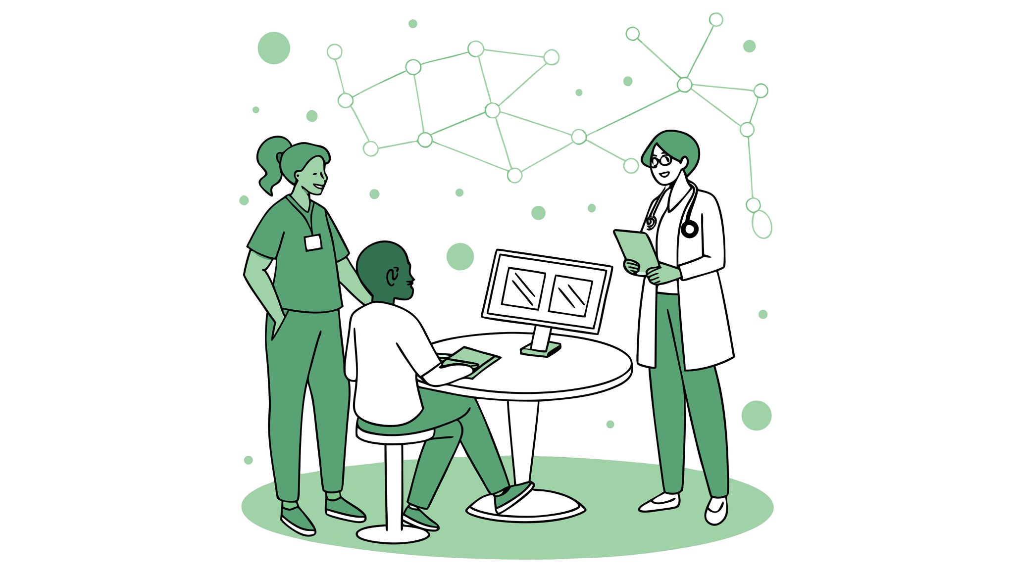 SovDoc illustration of dental practice M&A technology integration meeting, showing diverse professionals discussing IT systems and EHR transitions during dental practice mergers and acquisitions.