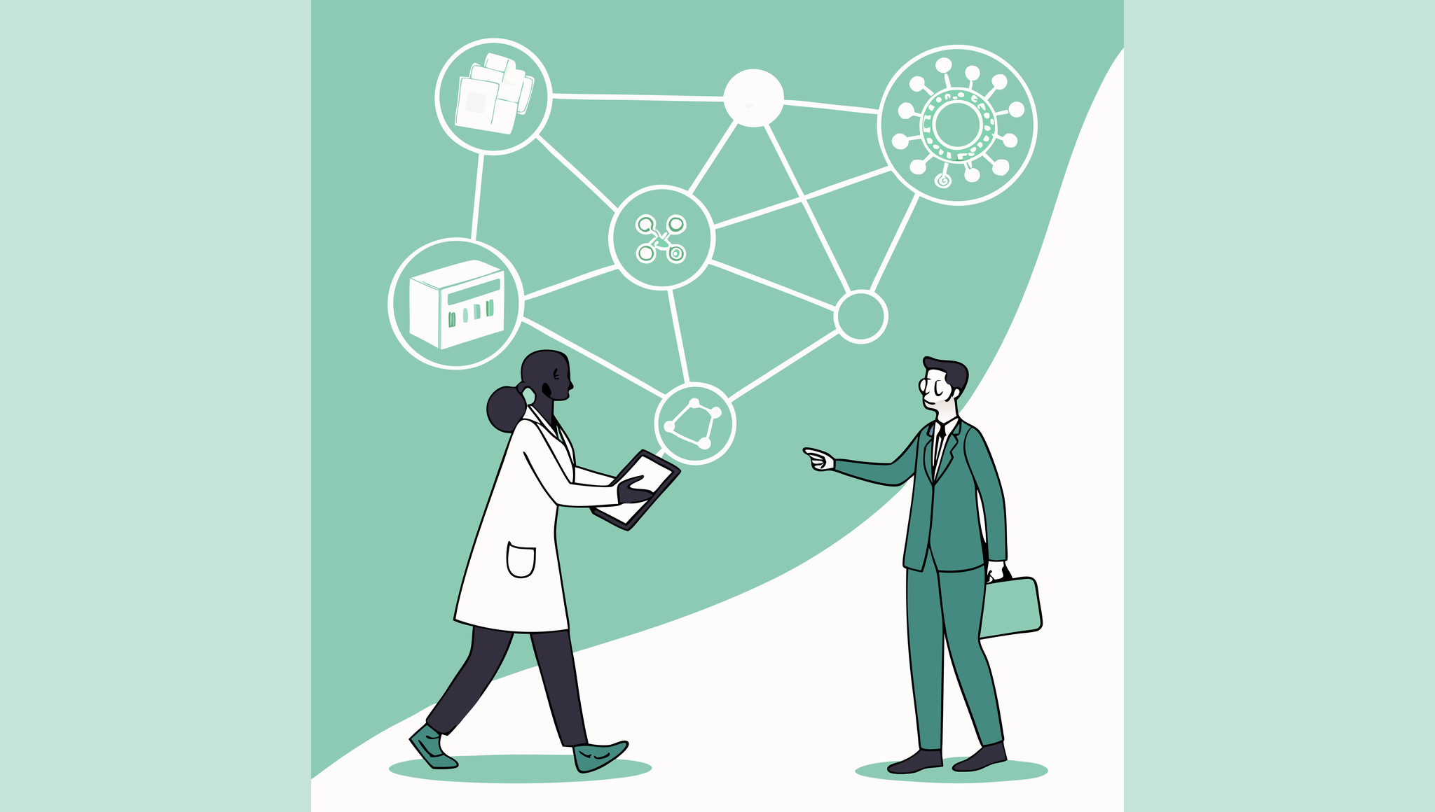 Dermatologist and business professional shaking hands over integrated healthcare data network, representing SovDOC's IT and EHR specialist advisory services for dermatology practice mergers and acquisitions.