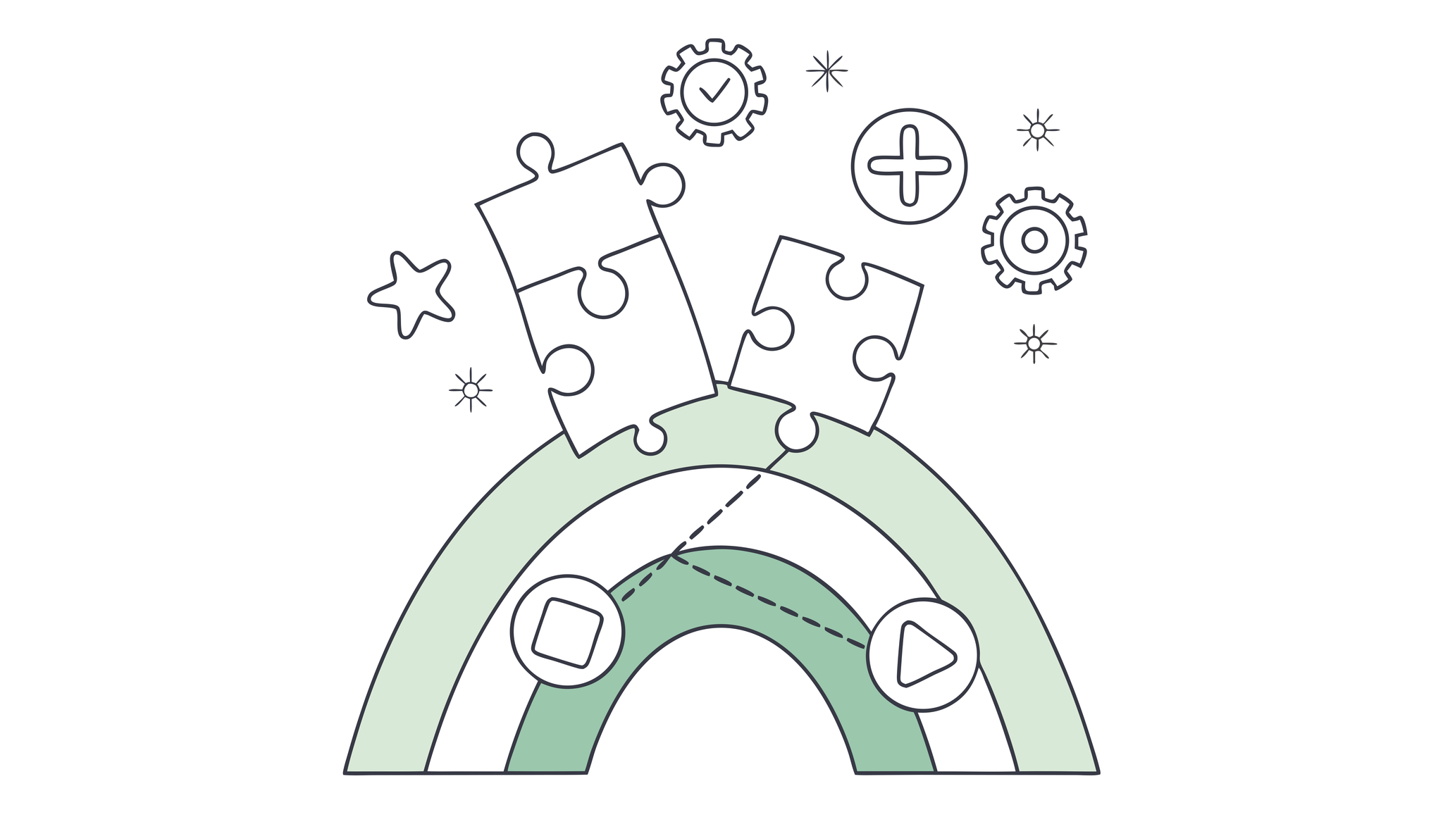 Abstract illustration representing medical practice data integration for healthcare mergers and acquisitions. Green archway with connecting puzzle pieces symbolizes seamless system integration in geriatric and behavioral health practices, with flowing data points and healthcare symbols—by SovDoc, specialists in healthcare M&A.