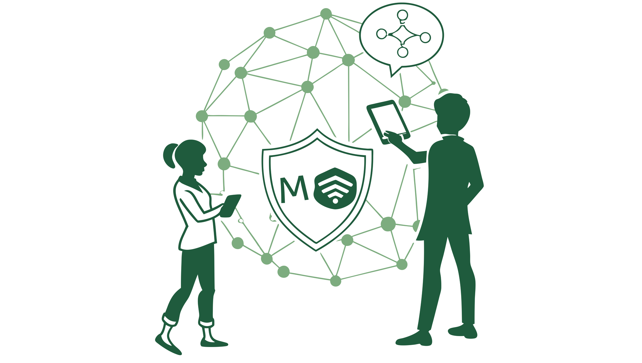 Minimalist illustration of medical technology experts collaborating on healthcare mergers and acquisitions, showing data integration and protection in gastroenterology and hepatology practices - SovDoc medical practice M&A advisors supporting EHR systems during healthcare transitions.