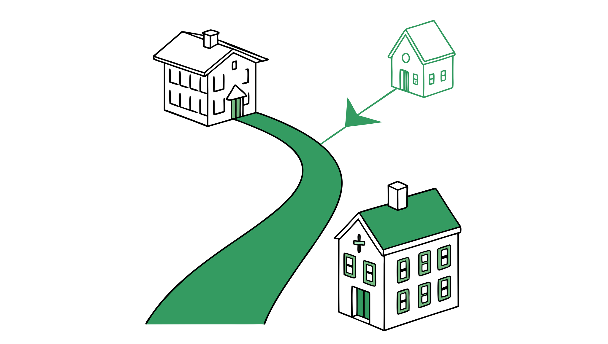 Illustration of hospice care practice merger pathway showing multiple facilities joining into one unified entity, with IT/EHR specialist icons representing SovDoc's M&A advisory services for healthcare integration processes.