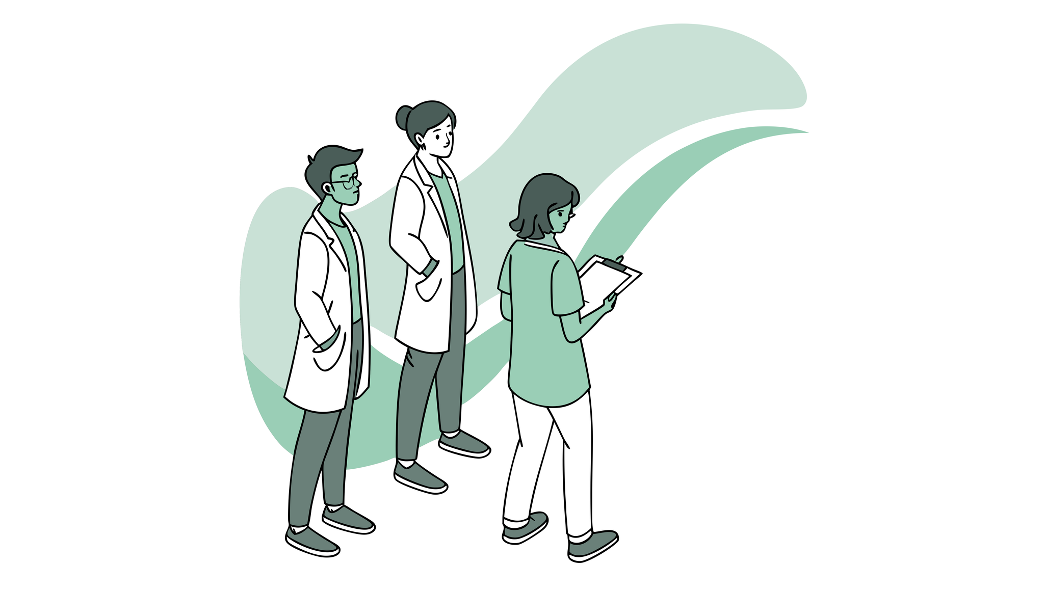 An illustration showing pain practice physicians collaborating with an IT/EHR specialist around digital health data systems, representing SovDoc's advisory services for technology integration during interventional pain practice mergers and acquisitions.