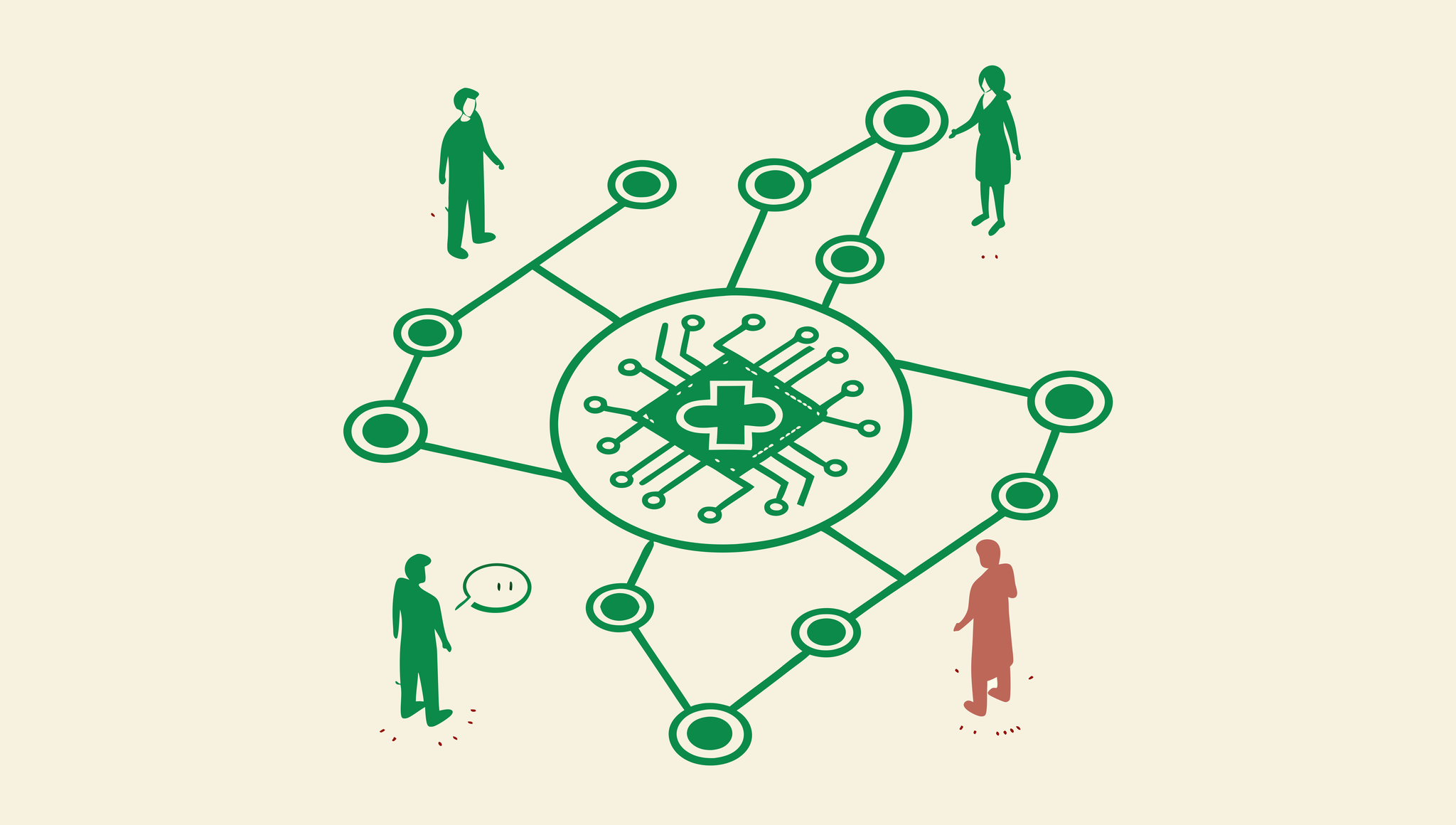 Vector illustration showing interconnected medical practices with central EHR system integration - SovDoc healthcare M&A advisors specializing in Med Spa technology consolidation during mergers and acquisitions.
