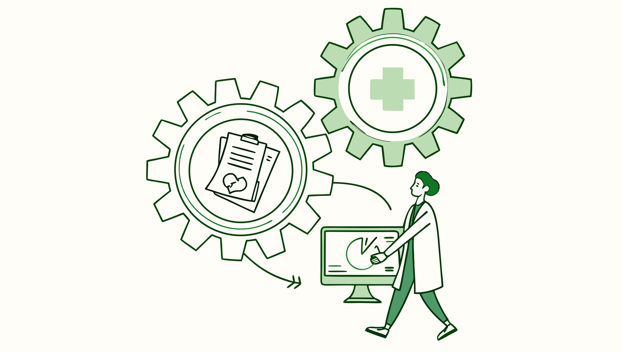 Stylized illustration showing merged gears and data flow to a monitor with a supportive figure, representing SovDoc's advisory services for IT and EHR integration during occupational and hand therapy practice mergers and acquisitions.