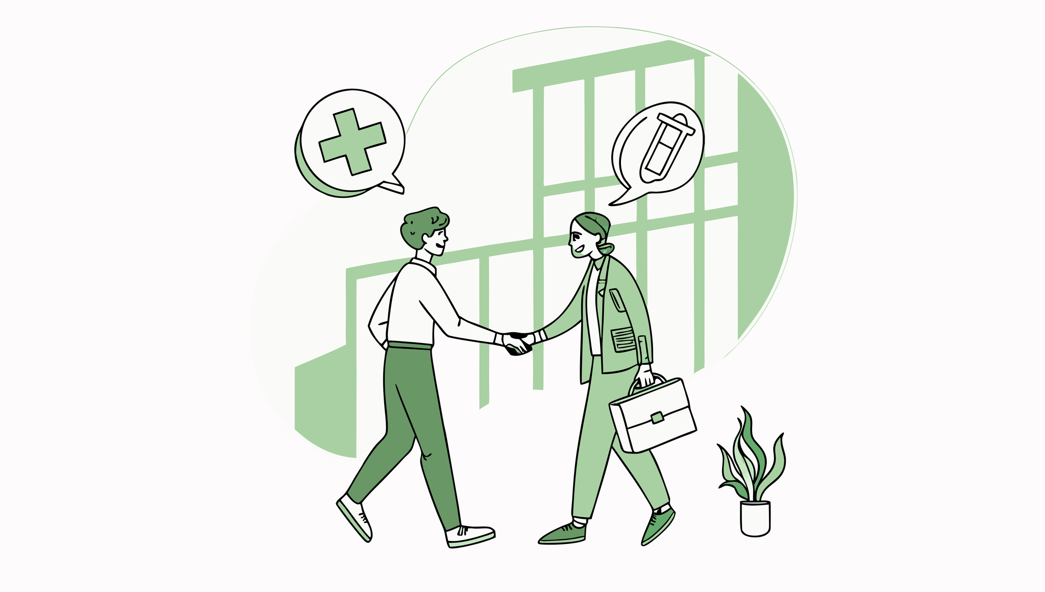 Illustration showing two professionals shaking hands during a physical therapy practice merger, with IT/EHR integration symbolism. SovDoc provides expert guidance for healthcare technology transitions during outpatient PT practice acquisitions.