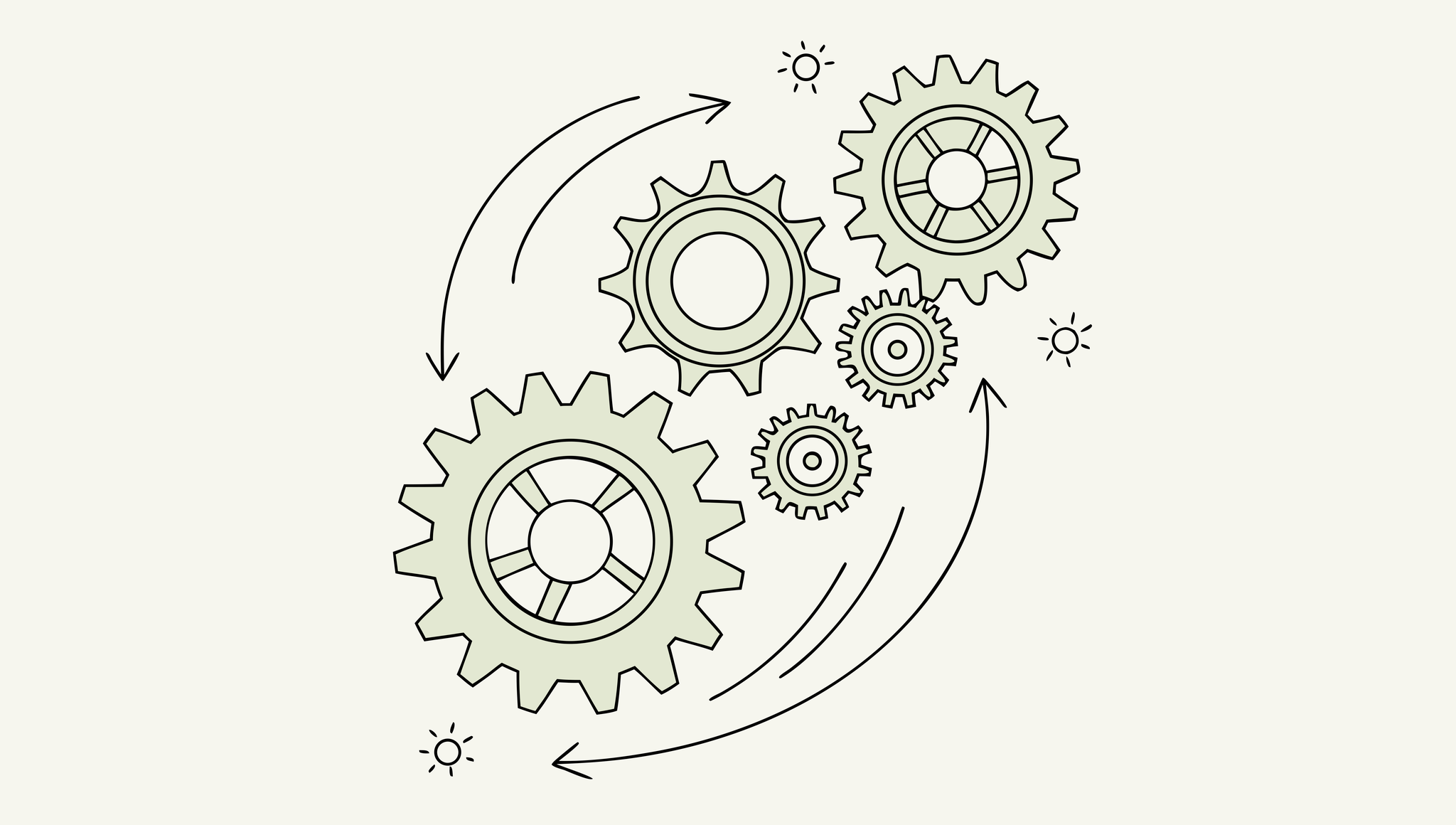 Interconnected gears with a glowing central hub and flowing data connections, representing SovDoc's healthcare M&A advisory network for palliative care EHR integration during medical practice mergers and acquisitions.
