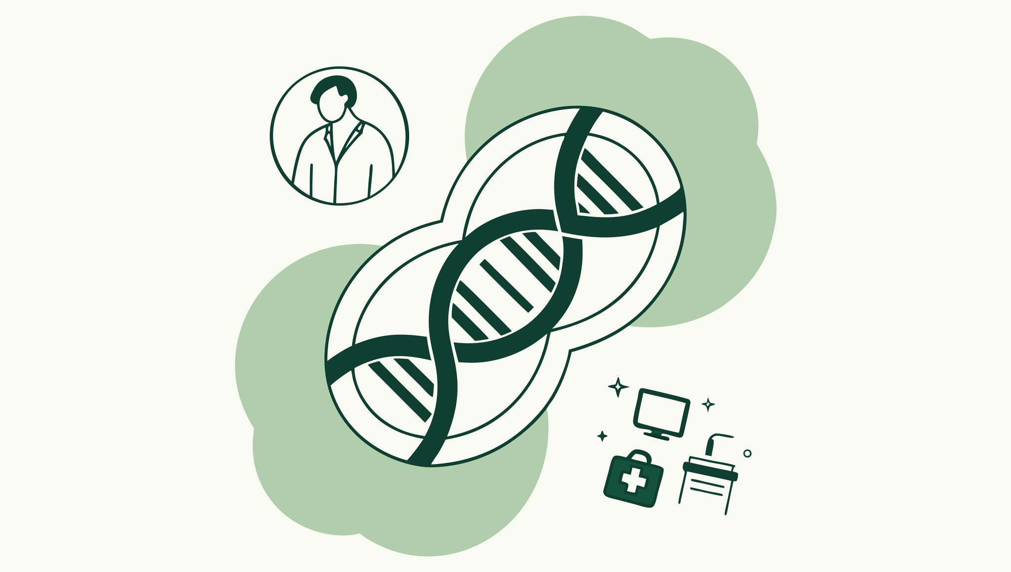 Stylized green double helix intertwining with abstract shapes representing healthcare and technology integration. SovDoc's expert guidance for IT and EHR specialists in plastic surgery practice mergers and acquisitions.