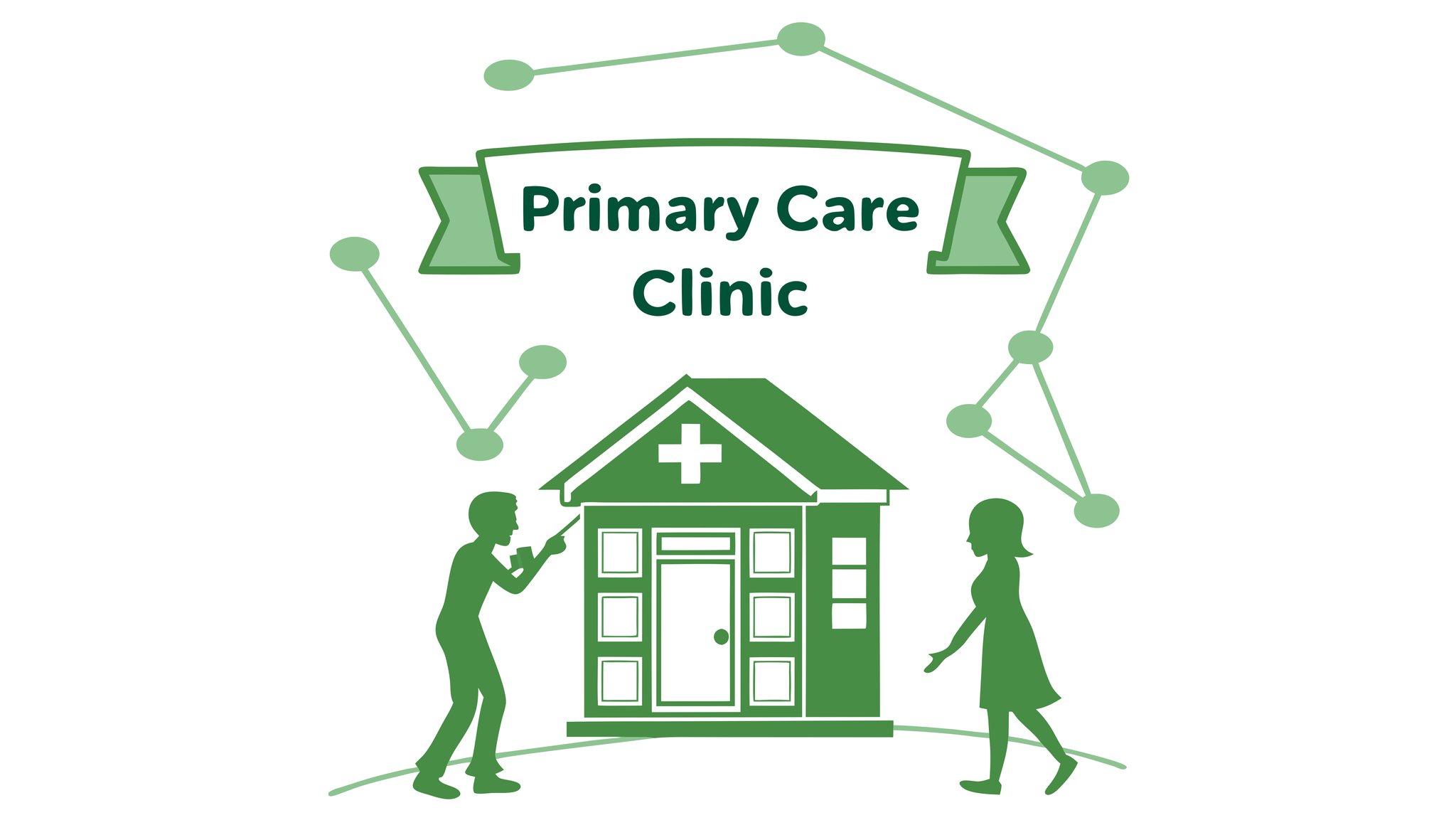 Stylized graphic representing primary care clinic mergers and acquisitions with data integration elements, showing a clinic building connected to human figures through communication pathways - SovDoc healthcare M&A advisory services for EHR and IT specialist considerations in medical practice transitions.