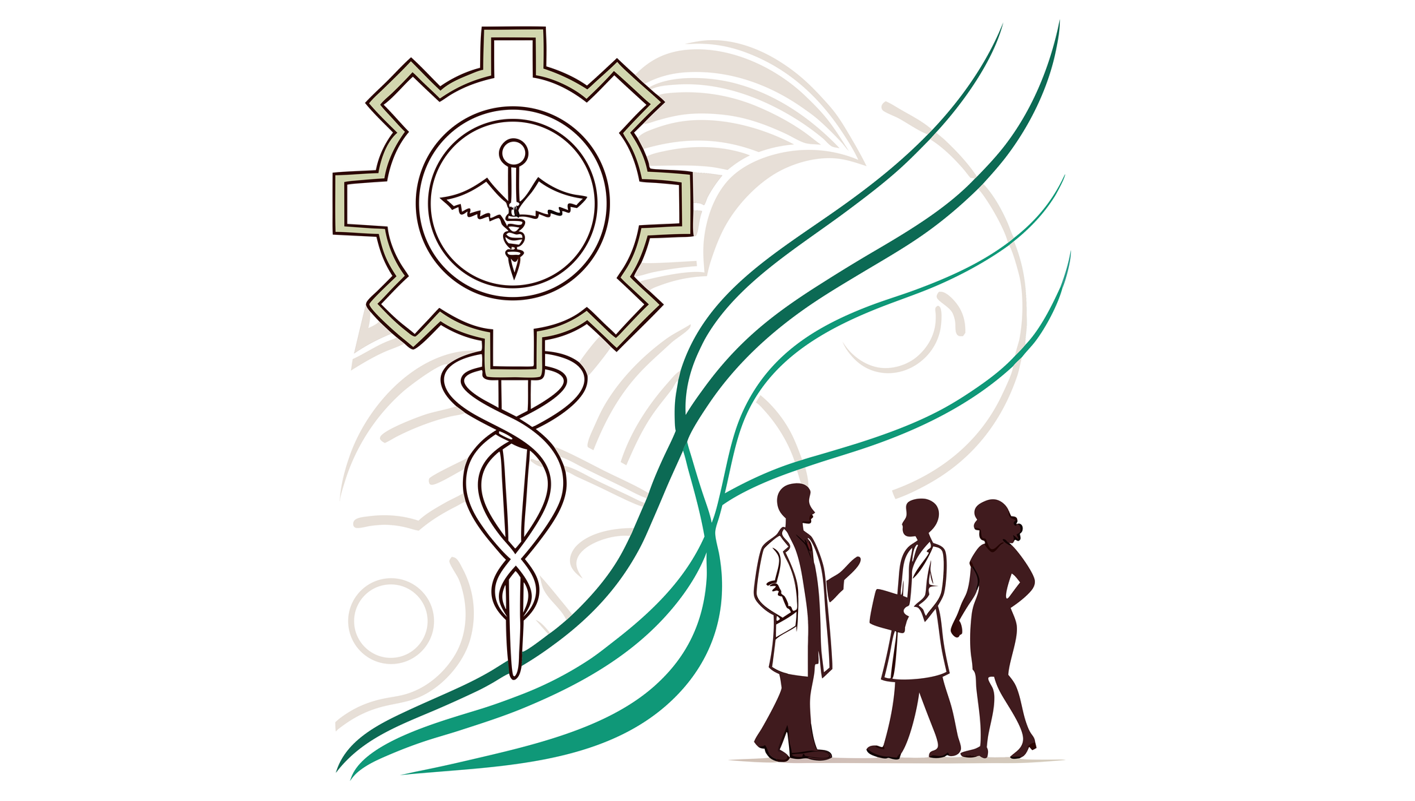 Abstract illustration depicting IT and EHR specialists collaborating around a medical technology symbol, representing SovDoc's advisory services for radiology practice mergers and acquisitions in healthcare IT integration.
