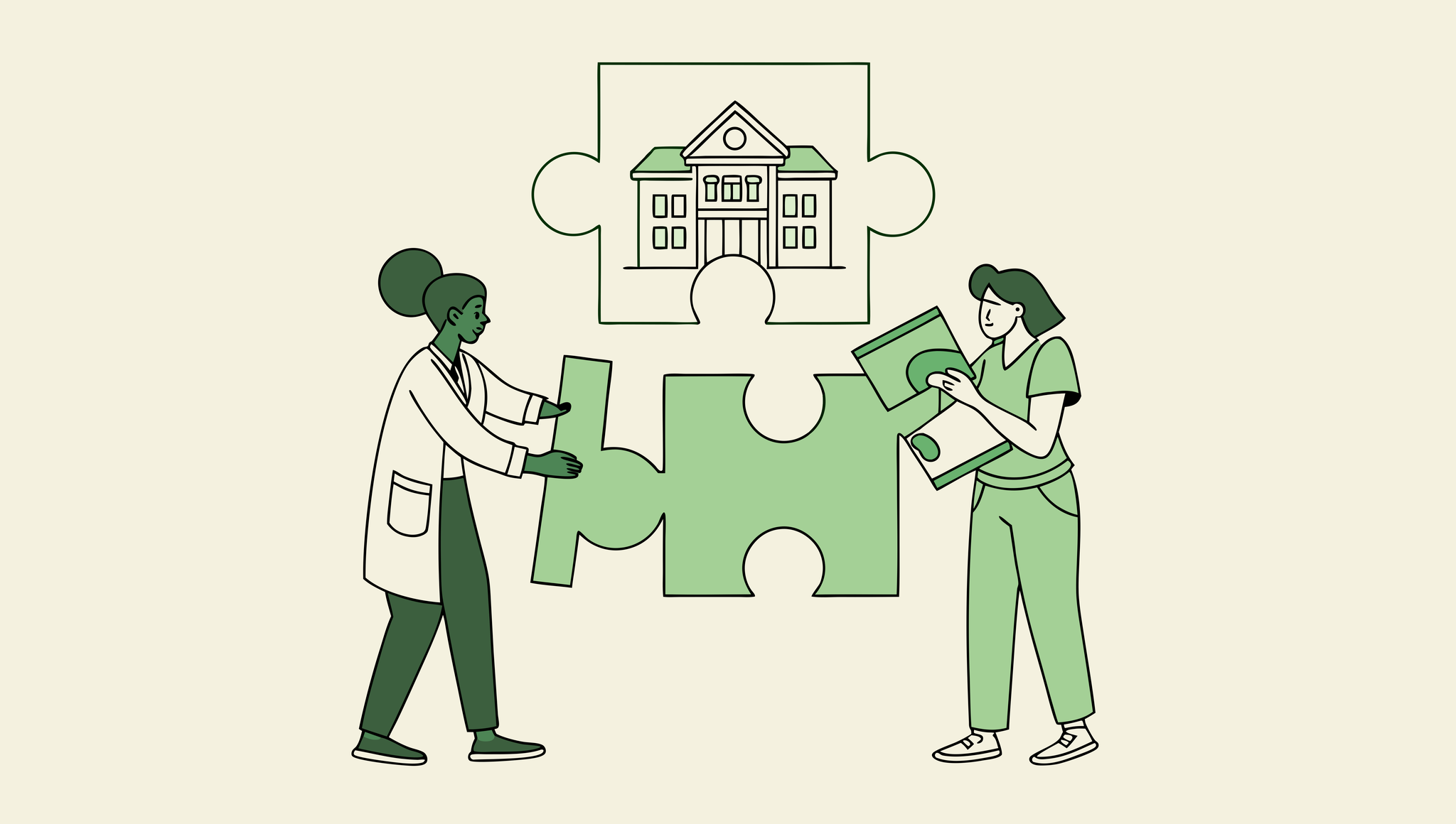 Illustration representing healthcare IT integration during mergers and acquisitions of school and community-based ABA practices. Four diverse professionals collaborate around puzzle pieces symbolizing the merger process, with data migration elements connecting the facilities. SovDoc healthcare M&A specialists guide practice consolidation and EHR system integration.