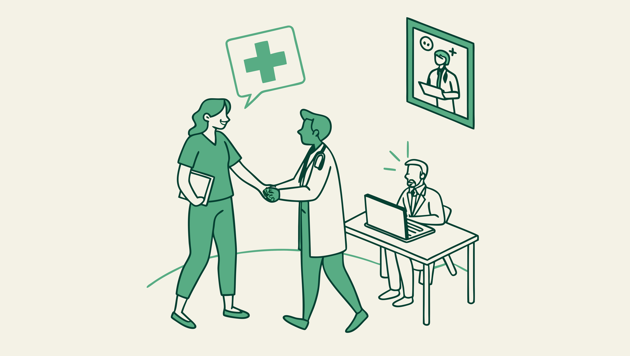 Alt text: Minimalist green illustration showing healthcare merger representatives shaking hands while an IT specialist works at a computer with EHR system logos overhead. SovDoc healthcare M&A advisory for SNF technology transitions during medical practice acquisitions.