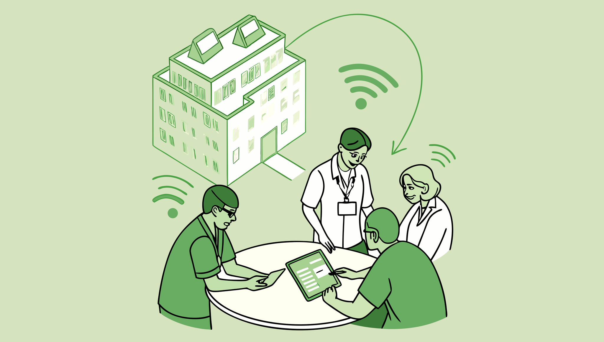 SovDoc healthcare M&A illustration showing IT and EHR specialists collaborating at a roundtable, analyzing patient data flows and urgent care operational metrics during merger and acquisition planning
