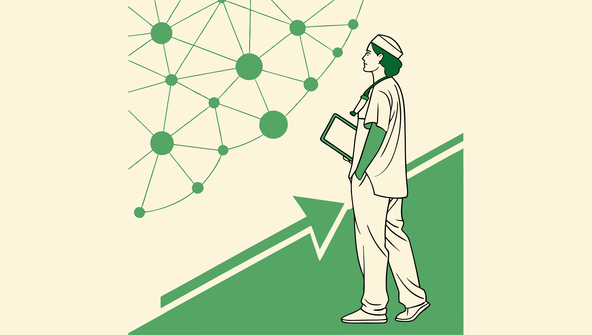Medical professional silhouette against data network background representing SovDoc's urology practice M&A advisory services for IT and EHR integration during mergers and acquisitions