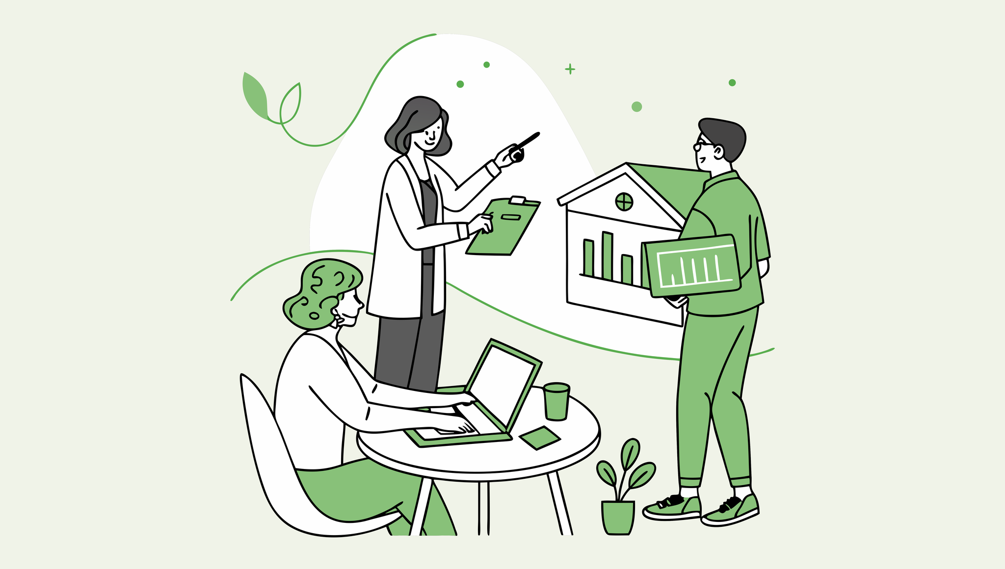 Illustration of financial advisors discussing investment trends in assisted living facilities at a professional roundtable meeting. SovDoc healthcare M&A specialists analyzing ALF lending and acquisition opportunities.