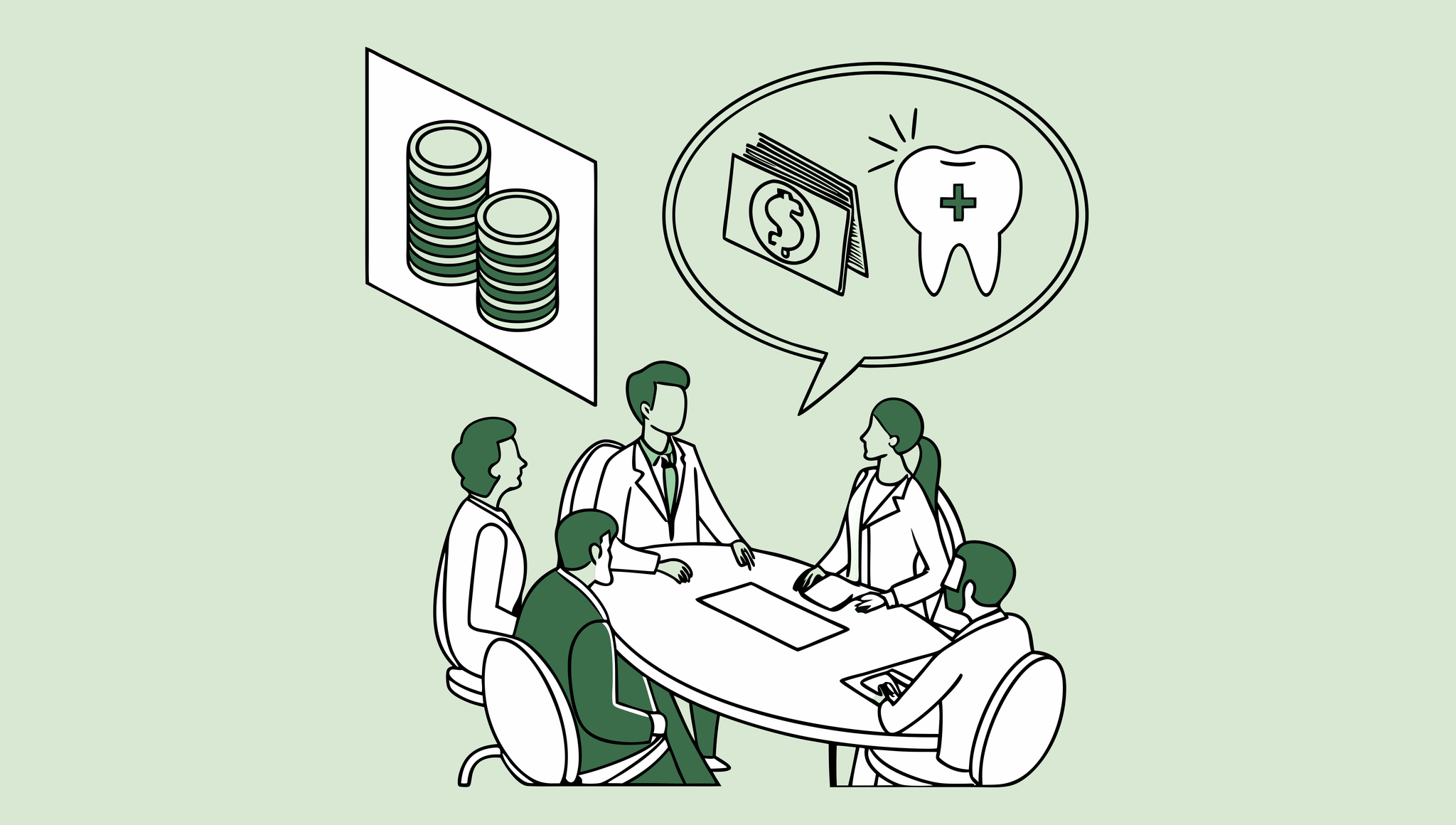 Financial advisors meeting with dental practice owner - SovDoc healthcare M&A illustration showing collaboration in dental practice mergers and acquisitions