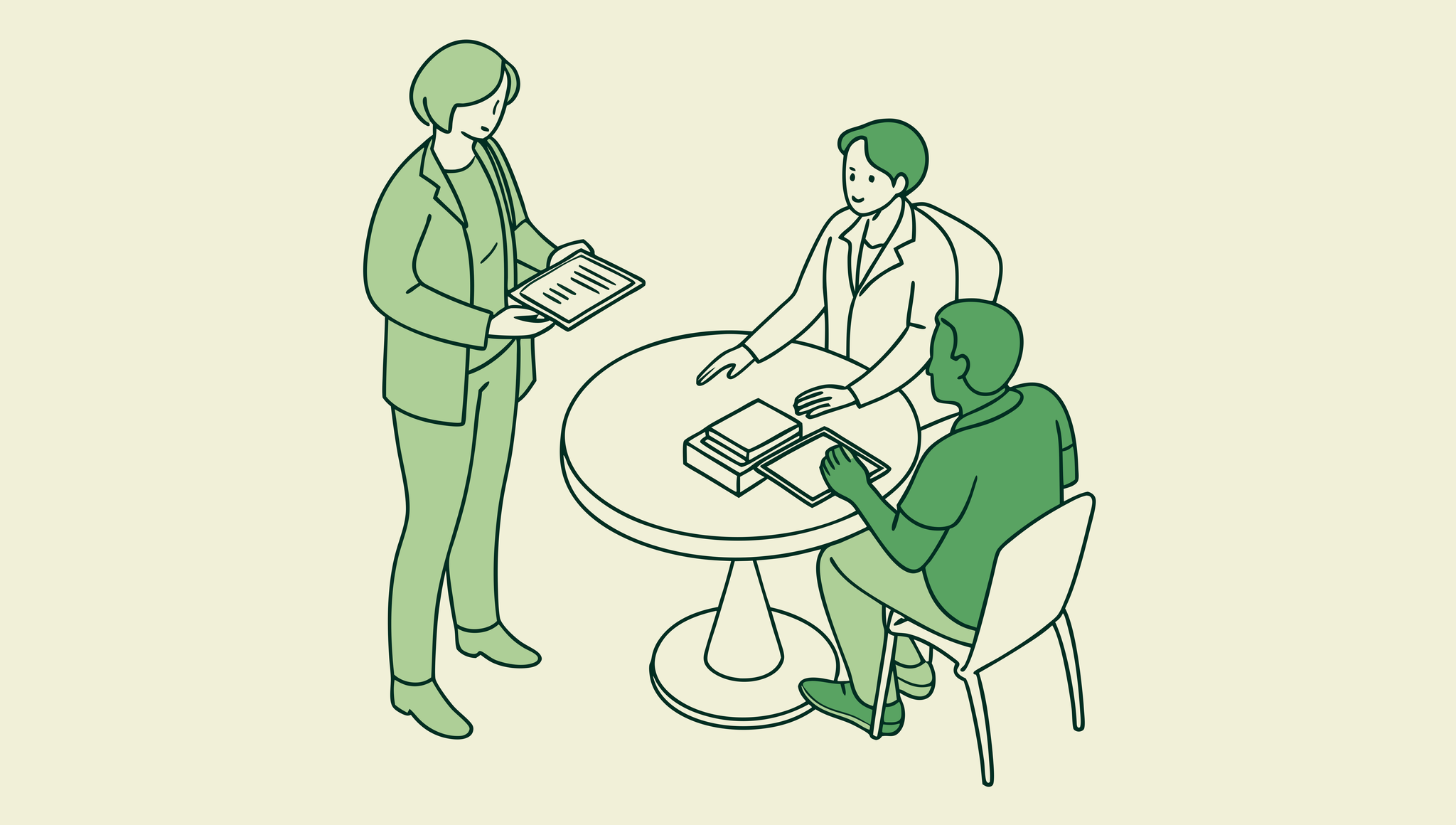 Stylized illustration depicting a dermatology practice M&A roundtable discussion with advisors and lenders - SovDoc healthcare M&A advisors representing dermatology transactions and financing options