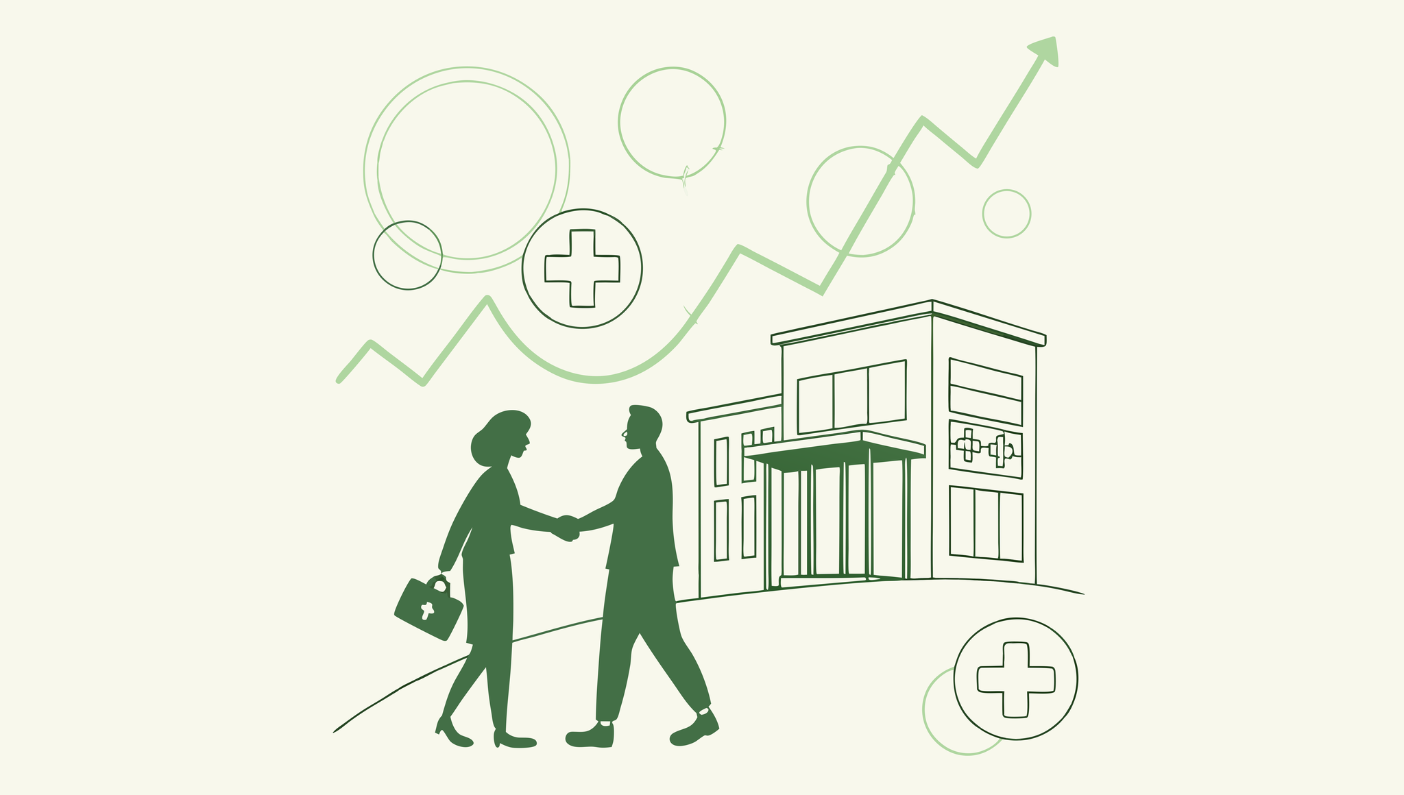 Stylized handshake illustration with hospice building backdrop and subtle financial graphics, representing SovDoc's advisory services for hospice care mergers and acquisitions in the healthcare sector.