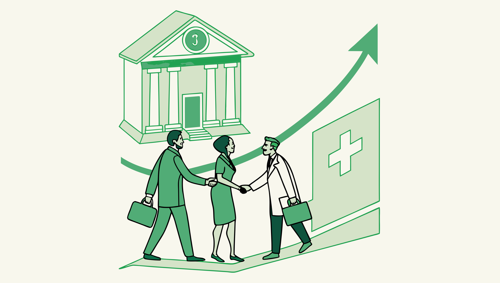 SovDoc illustration showing medical practice merger and acquisition process between healthcare professionals and lenders in the memory care sector, representing key stakeholders in healthcare M&A advisory services.