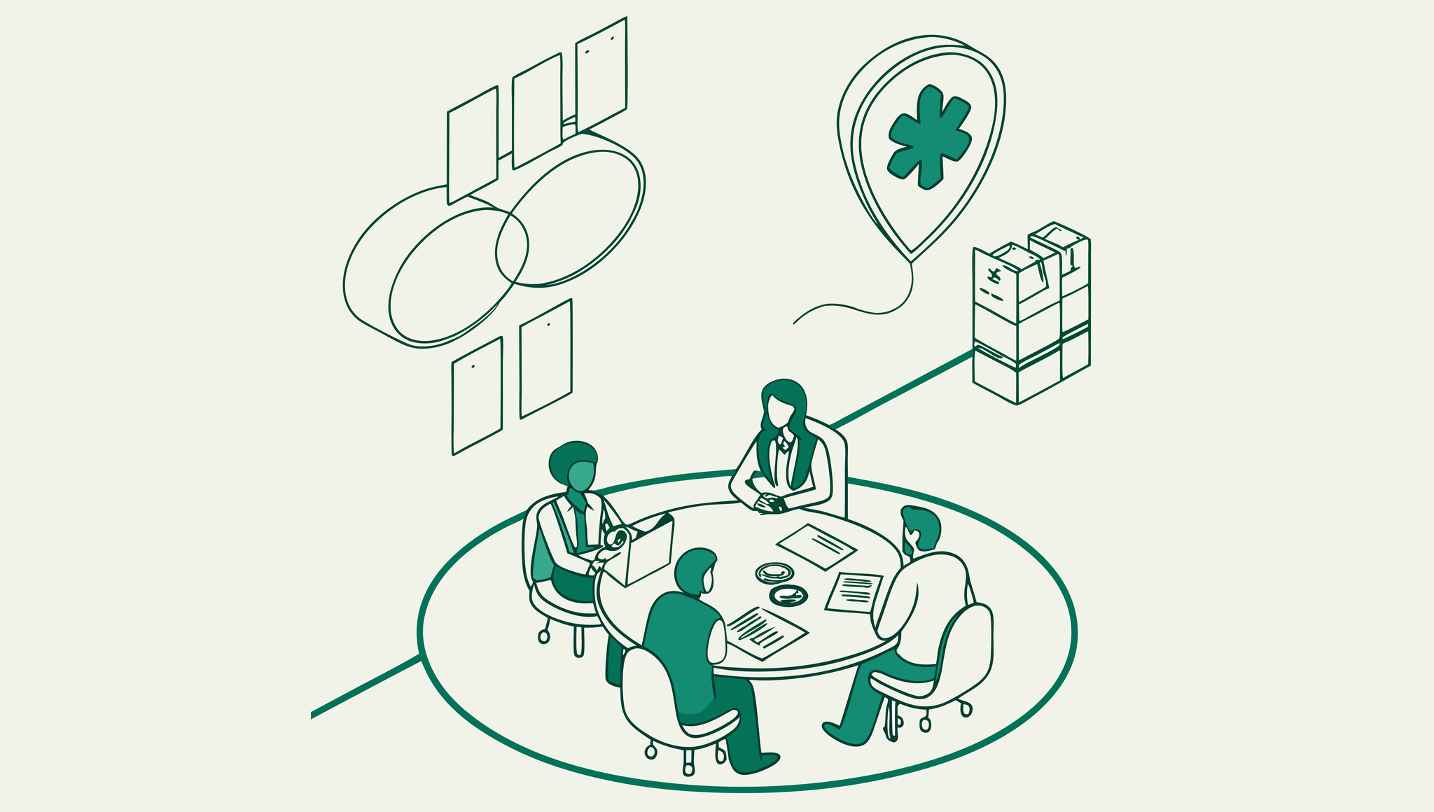 SovDoc advisory roundup illustration showing nephrology practice M&A experts discussing financial aspects of dialysis center acquisitions around a conference table with medical and financial elements, representing specialized healthcare merger and acquisition consulting.