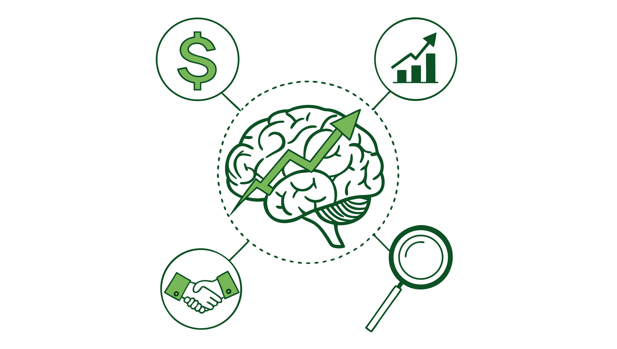 Illustration of a brain with financial elements for SovDoc, a healthcare M&A firm specializing in neurological rehabilitation practice mergers and acquisitions.
