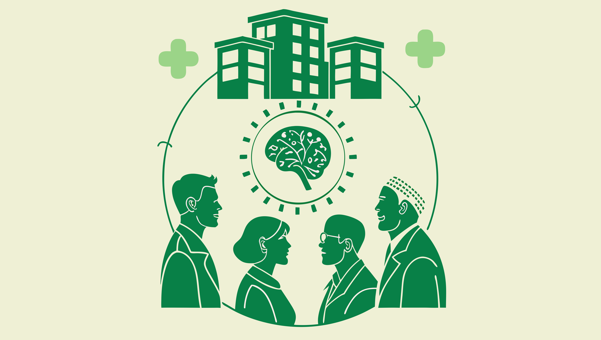 Stylized green illustration depicting advisors in a circular discussion around a brain icon, with medical facility and finance symbols radiating outward - representing SovDoc's specialized advisory services for neurology practice mergers, acquisitions, and financing.