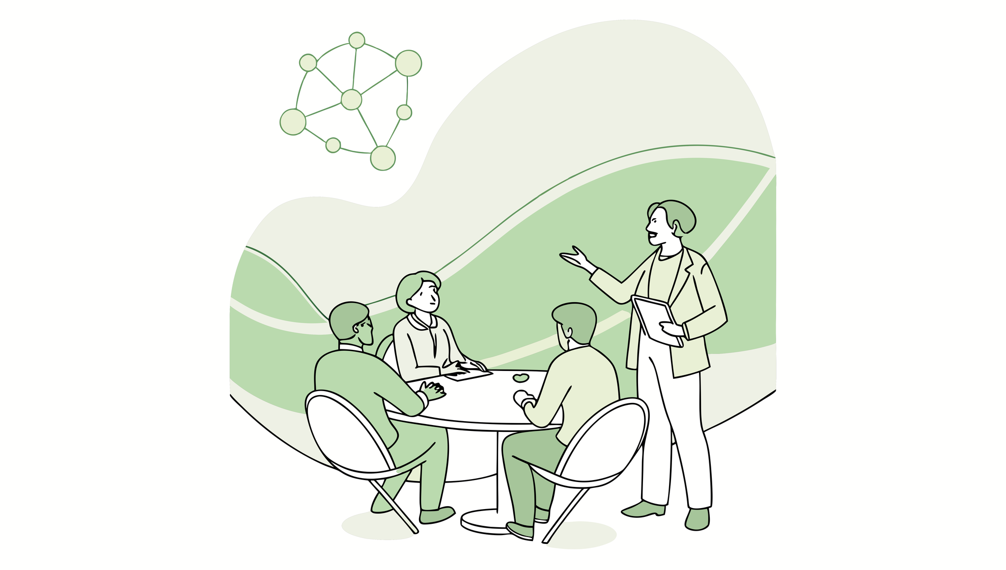 Vector illustration showing five professionals in business attire discussing healthcare M&A at a roundtable, reviewing a merger network diagram. SovDoc roundtable advisory for occupational and hand therapy practice acquisitions, representing strategic healthcare M&A planning.
