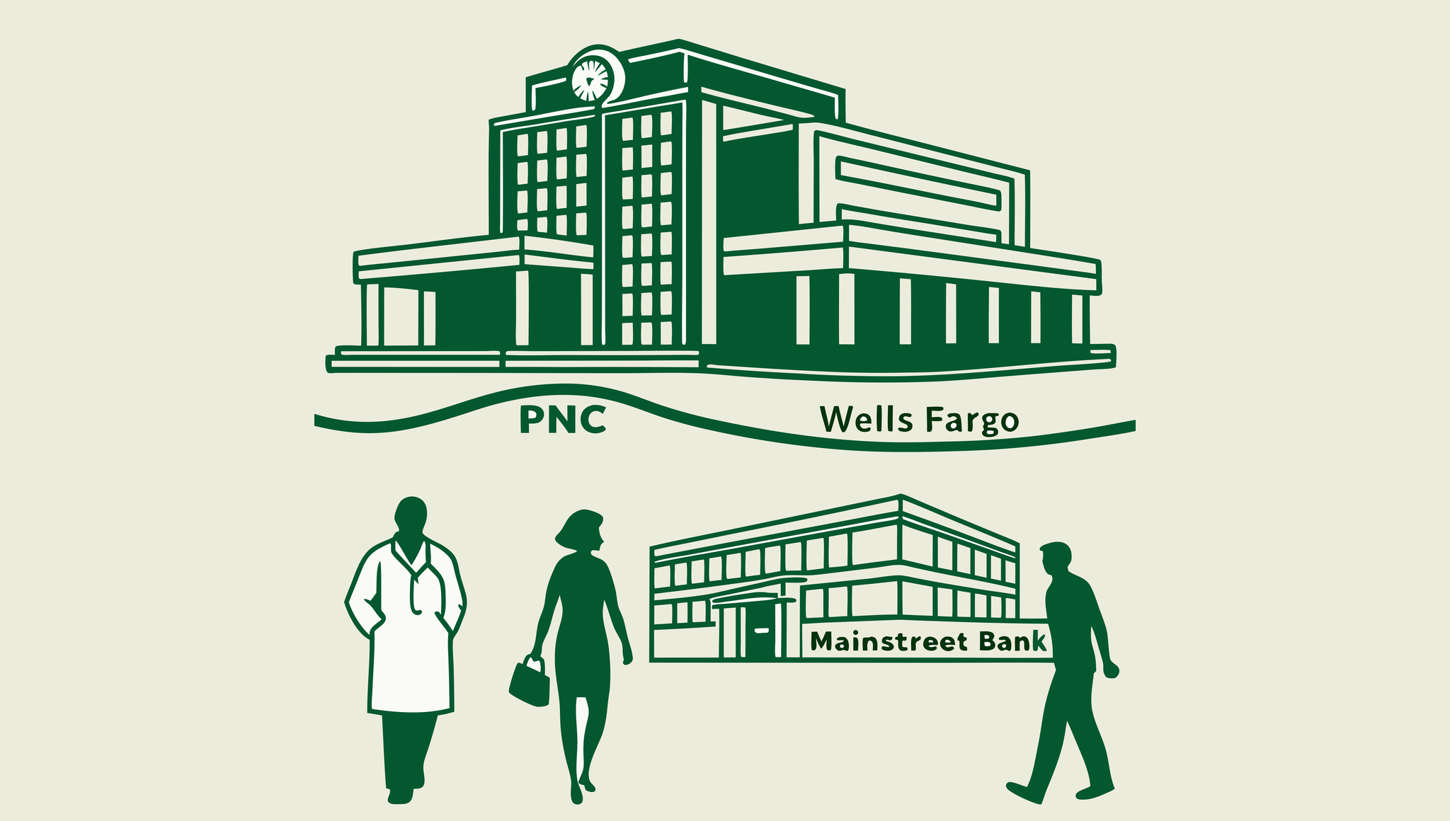 Stylized illustration showing financial institutions connected to an oncology center, representing SovDoc's expertise in healthcare M&A and advisory services for oncology practice lending and acquisitions.