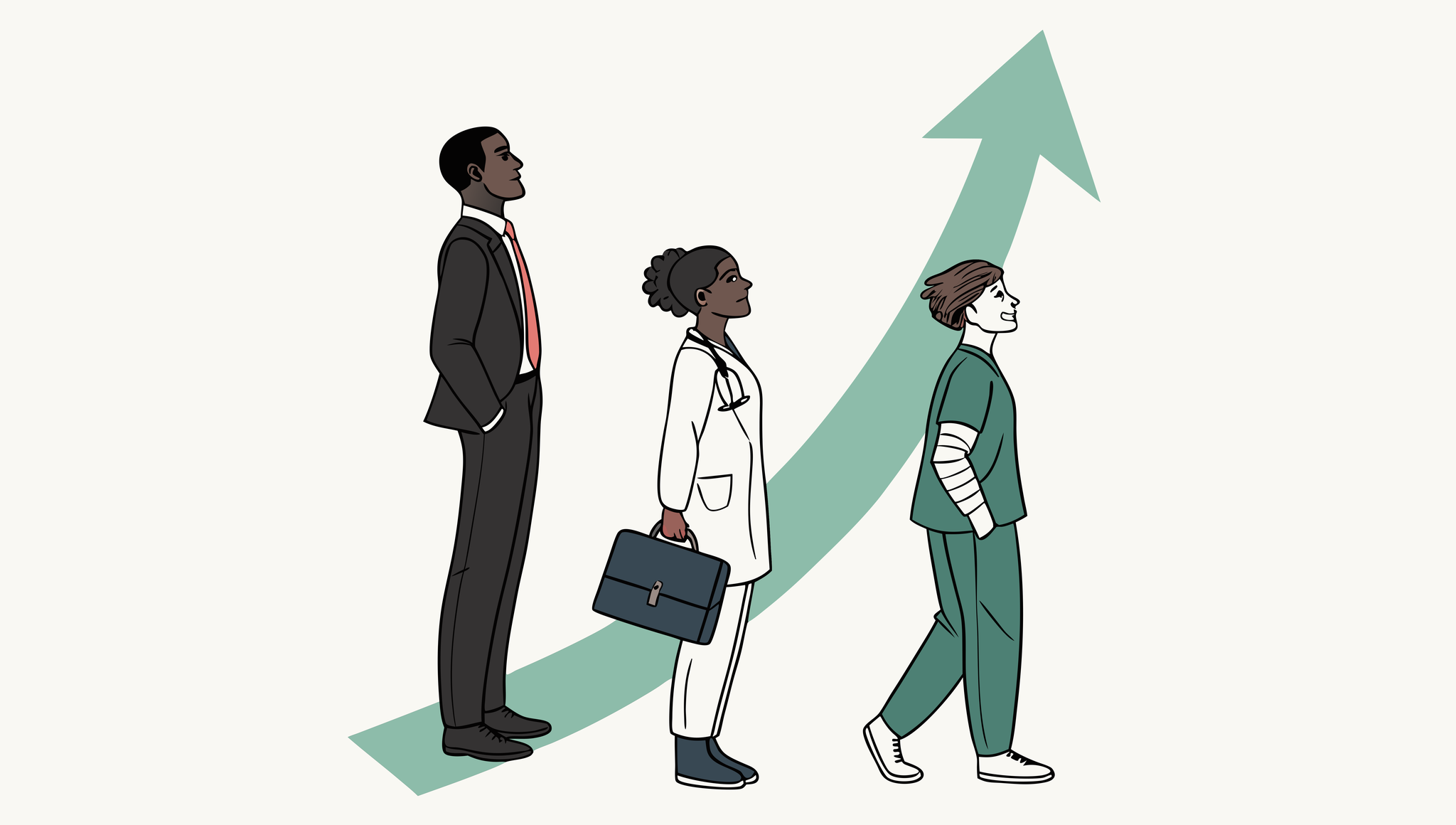 Illustration of three diverse professionals representing SovDoc's advisor roundup for orthopedic and post-surgical rehab practice mergers and acquisitions, with medical and financial symbolism in soft green tones.