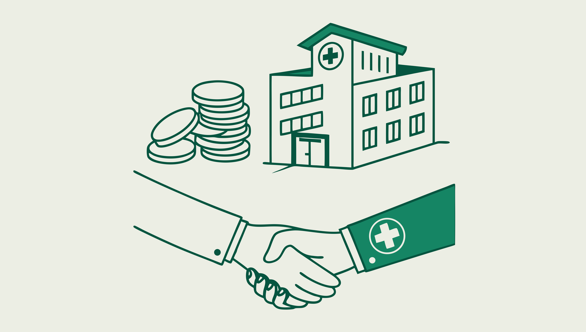 Stylized illustration representing healthcare M&A financial transactions in palliative care practice mergers and acquisitions - SovDoc advisors facilitate secure medical practice transitions through trusted financial partnerships